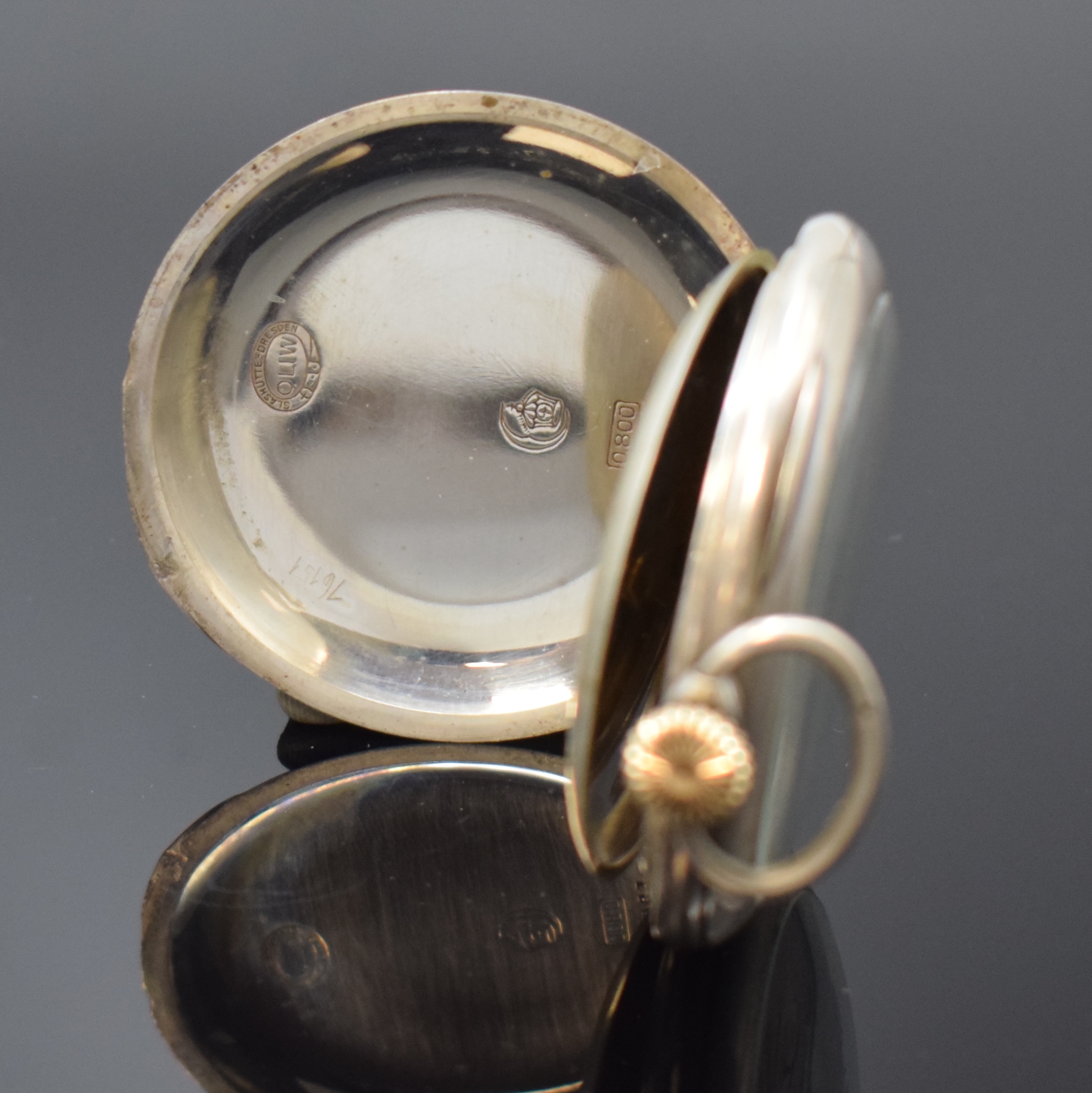 Detail b: DEUTSCHE UHRENFABRIKATION LANGE-UHR/OLIW offene Silbertaschenuhr, Deutschland um 1928, im Zentrum guill. Metallzifferbl. m. arab. Std. altersbed. ...