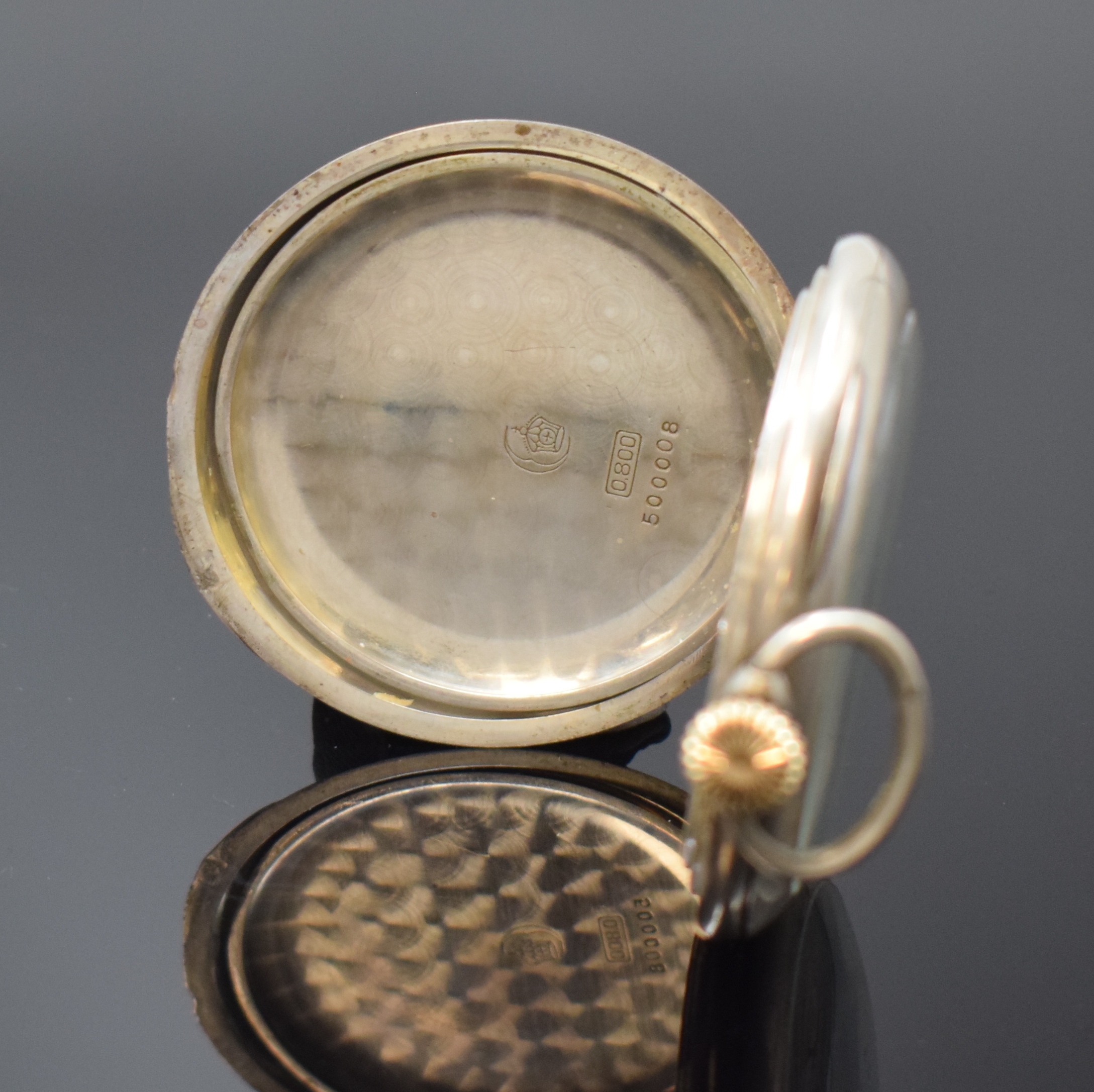 Detail d: DEUTSCHE UHRENFABRIKATION LANGE-UHR/OLIW offene Silbertaschenuhr, Deutschland um 1928, im Zentrum guill. Metallzifferbl. m. arab. Std. altersbed. ...