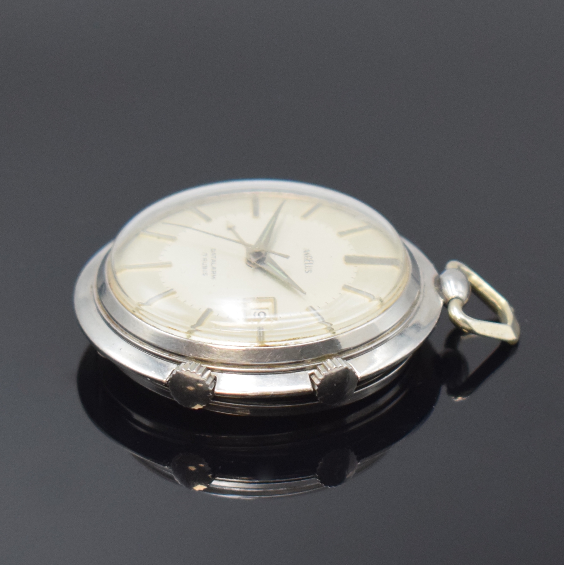 Detail a: ANGELUS Taschenwecker Datalarm, Schweiz um 1964, Handaufzug, Edelstahl, aufstellbar, Datum bei 3, 17 St., Geh- und Weckwerk getr. Antrieb, ...