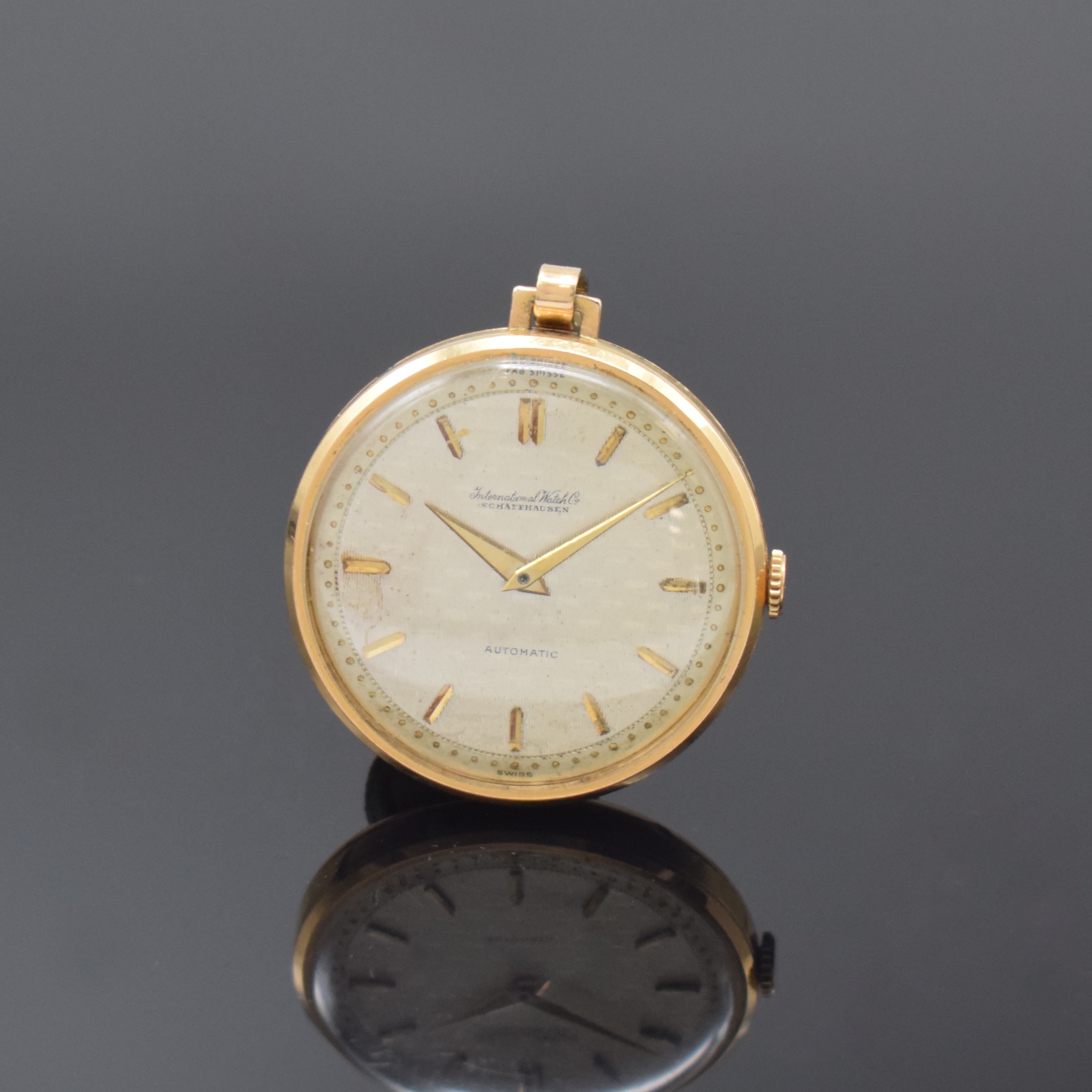 IWC Uhrwerk Kaliber 852 zur Anhängeuhr im neutralen RG 750/000 Gehäuse umgearbeitet, Werk Schweiz um 1953, Automatik, 3-teil. Geh. l. dell., Boden ...
