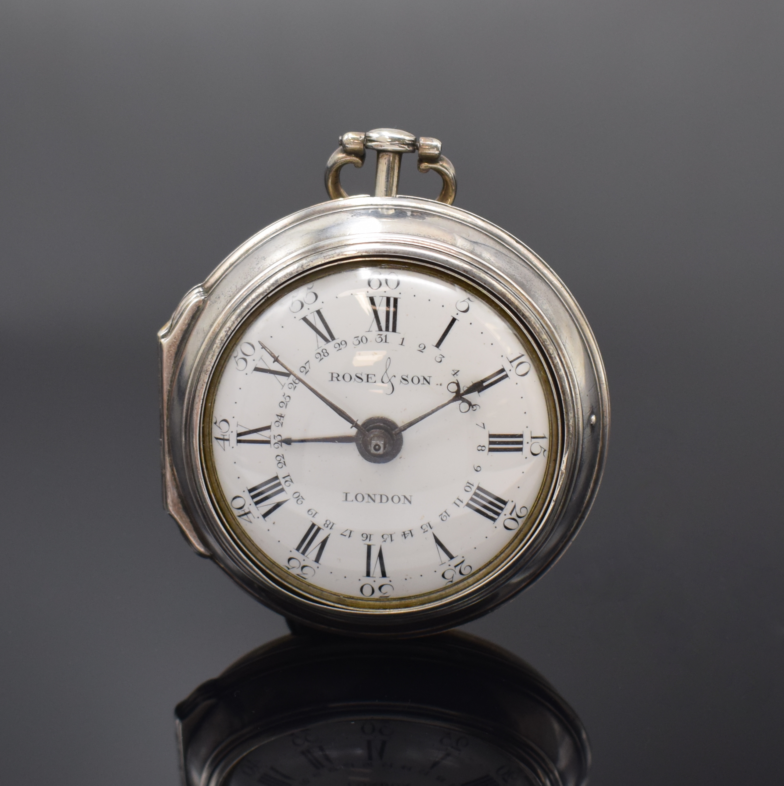 Rose & Son London große frühe Zylinder- Taschenuhr mit Datum im Silber Doppelgehäuse, London Hallmark 1773, glattes Geh. u. Übergeh. l. dell., ...