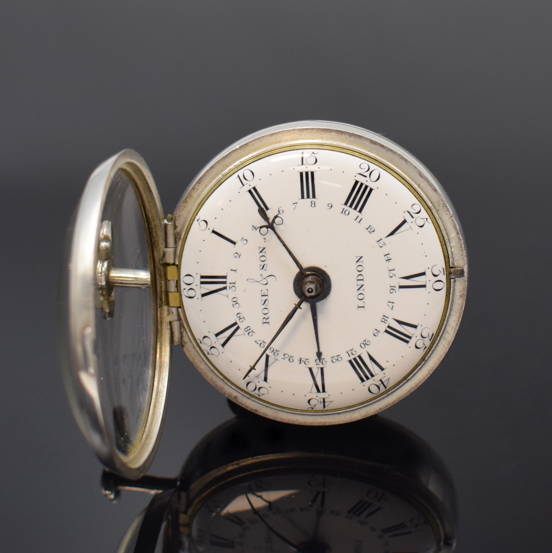 Detail c: Rose & Son London große frühe Zylinder- Taschenuhr mit Datum im Silber Doppelgehäuse, London Hallmark 1773, glattes Geh. u. Übergeh. l. dell., ...