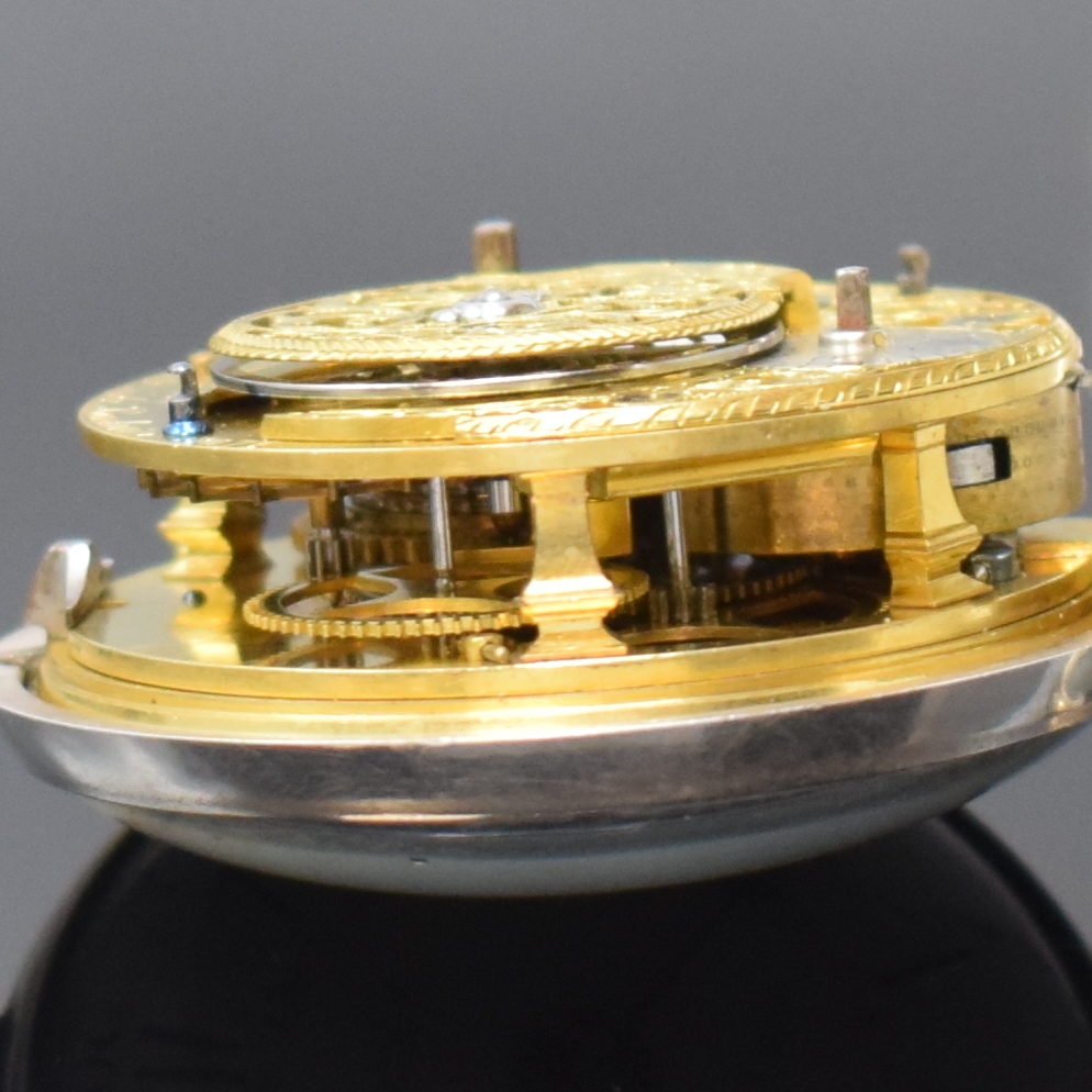 Detail g: Rose & Son London große frühe Zylinder- Taschenuhr mit Datum im Silber Doppelgehäuse, London Hallmark 1773, glattes Geh. u. Übergeh. l. dell., ...