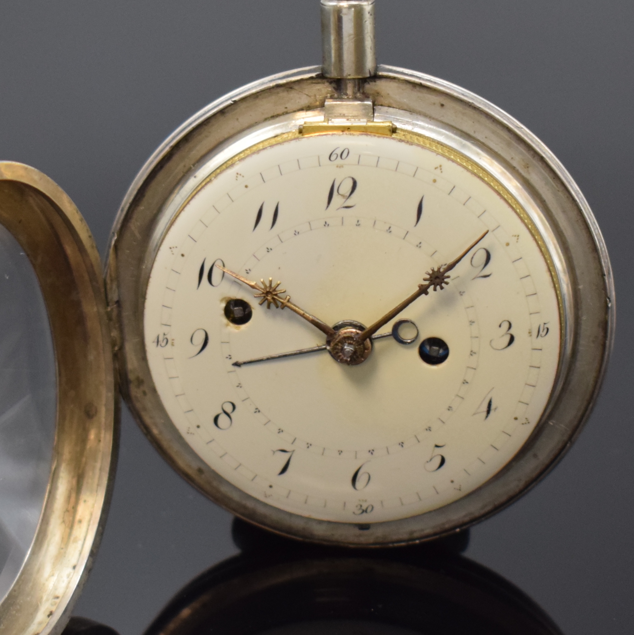 Detail b: OUDIN PARIS Spindeltaschenuhr mit Wecker in Silber, um 1800, Schlüsselaufzug, Geh. dell., Emailzifferblatt rest., Zeiger teils später, verg. Werk ...
