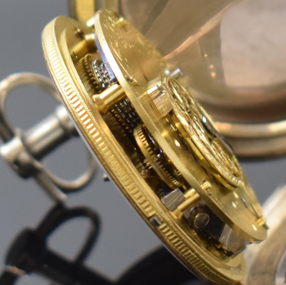 Detail e: OUDIN PARIS Spindeltaschenuhr mit Wecker in Silber, um 1800, Schlüsselaufzug, Geh. dell., Emailzifferblatt rest., Zeiger teils später, verg. Werk ...