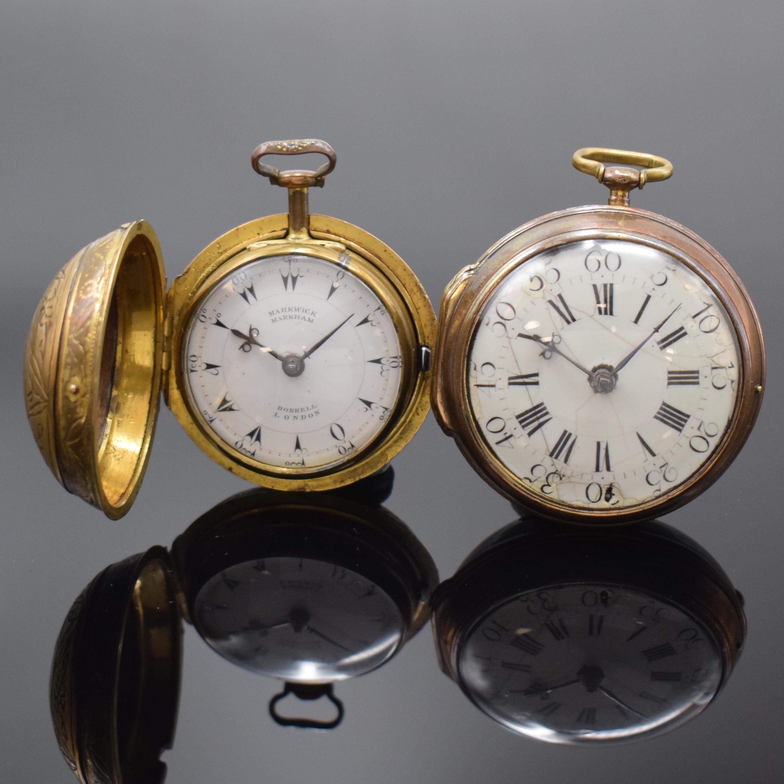 MARWICK MARKHAM und eine weitere vergoldete Spindeltaschenuhr, London um 1720/1800, Schlüsselaufzug, 1x Übergeh., 1x Großscharnier, Gehäuse ...