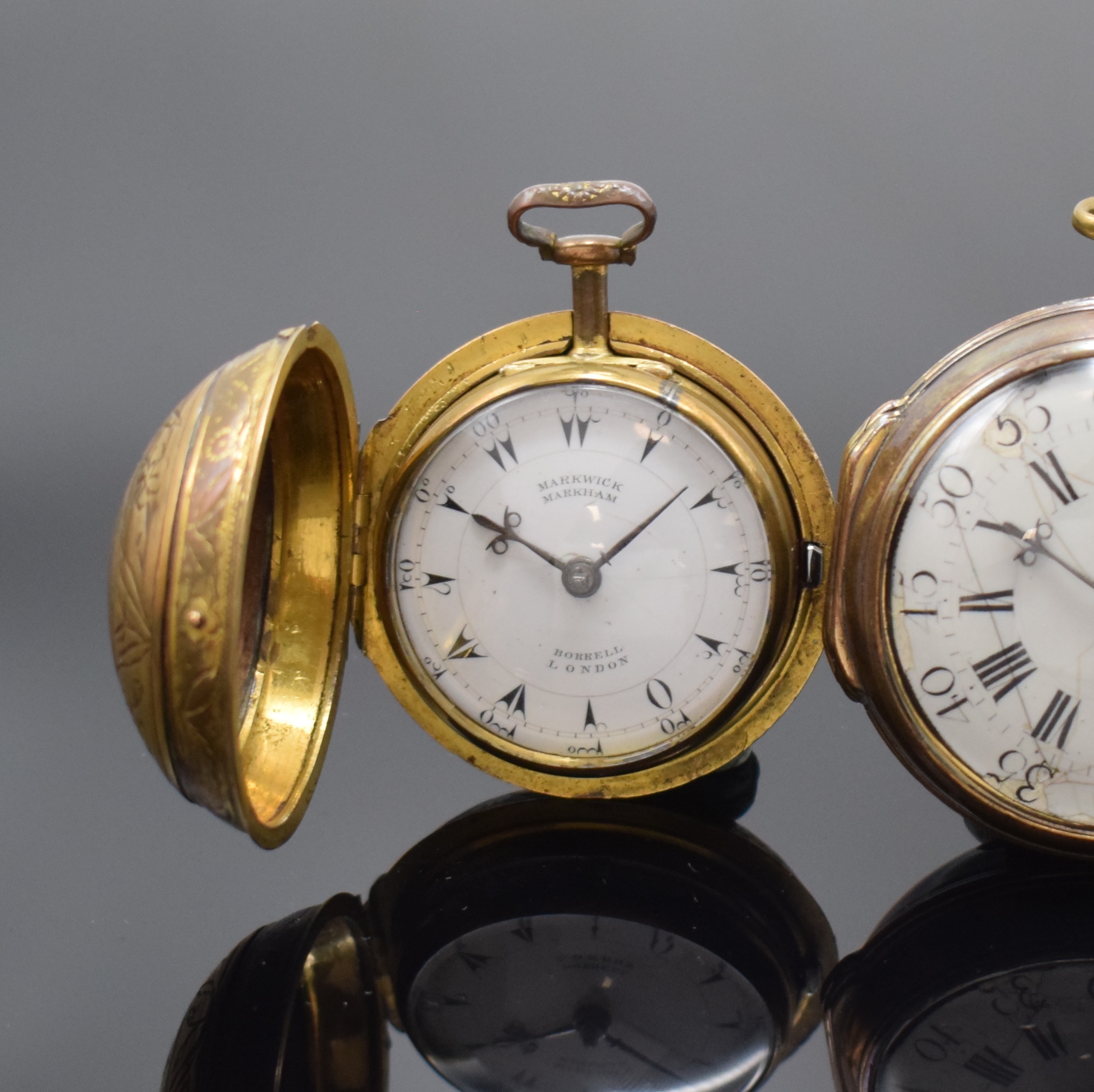 Detail a: MARWICK MARKHAM und eine weitere vergoldete Spindeltaschenuhr, London um 1720/1800, Schlüsselaufzug, 1x Übergeh., 1x Großscharnier, Gehäuse ...