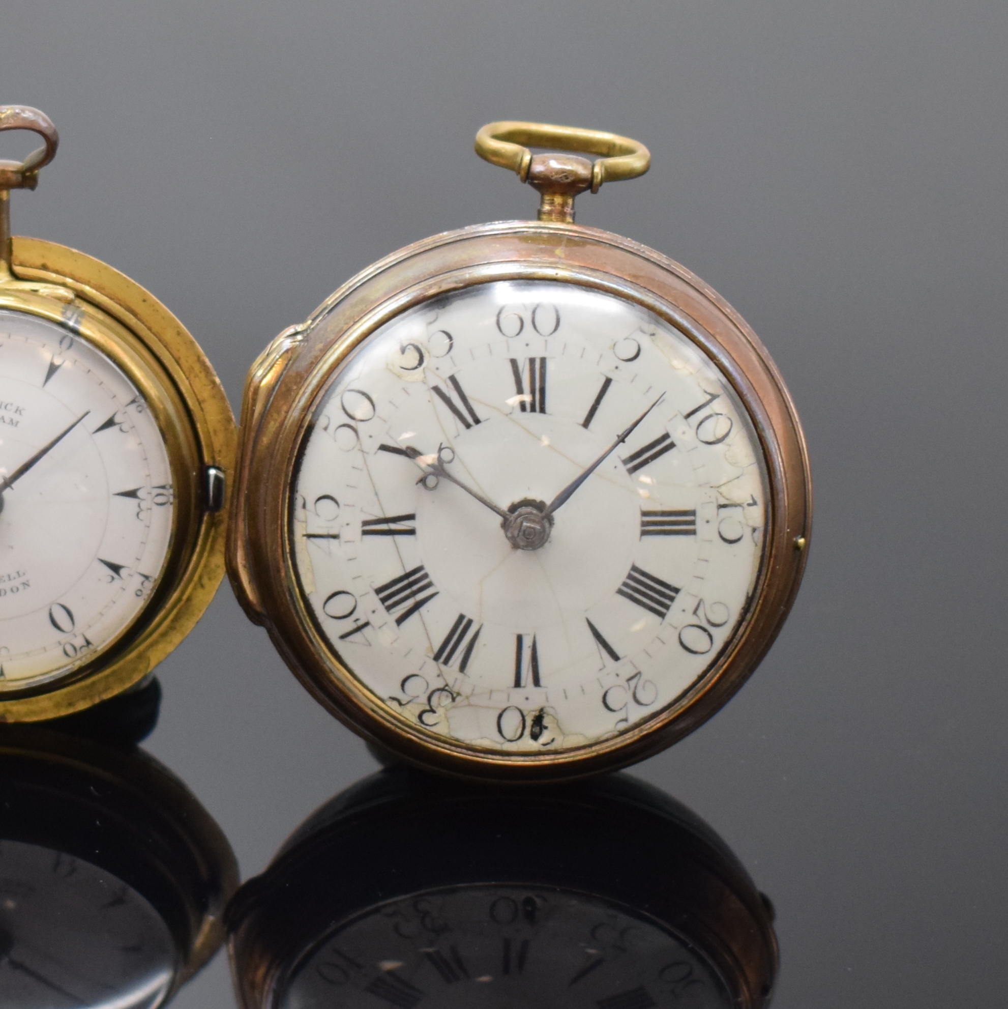 Detail b: MARWICK MARKHAM und eine weitere vergoldete Spindeltaschenuhr, London um 1720/1800, Schlüsselaufzug, 1x Übergeh., 1x Großscharnier, Gehäuse ...