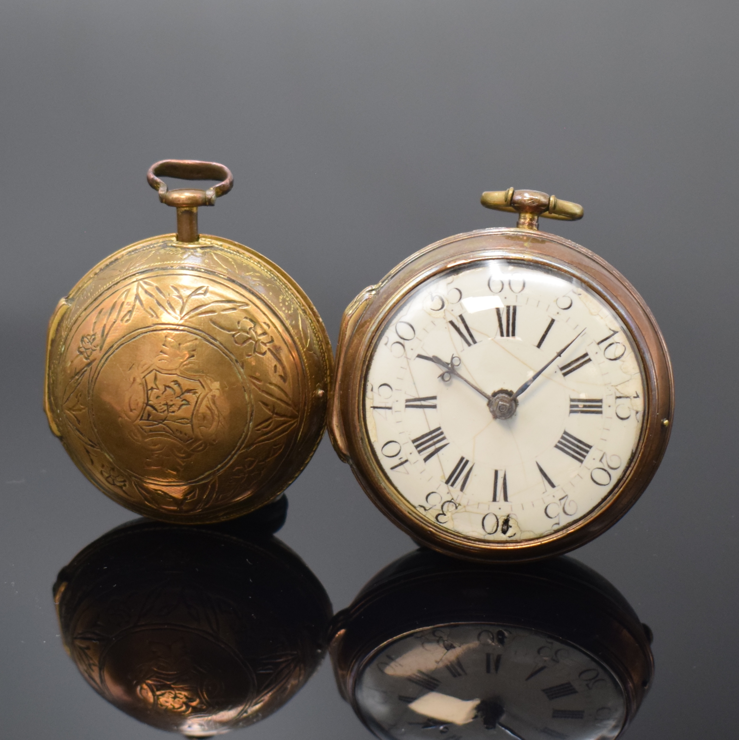 Detail c: MARWICK MARKHAM und eine weitere vergoldete Spindeltaschenuhr, London um 1720/1800, Schlüsselaufzug, 1x Übergeh., 1x Großscharnier, Gehäuse ...