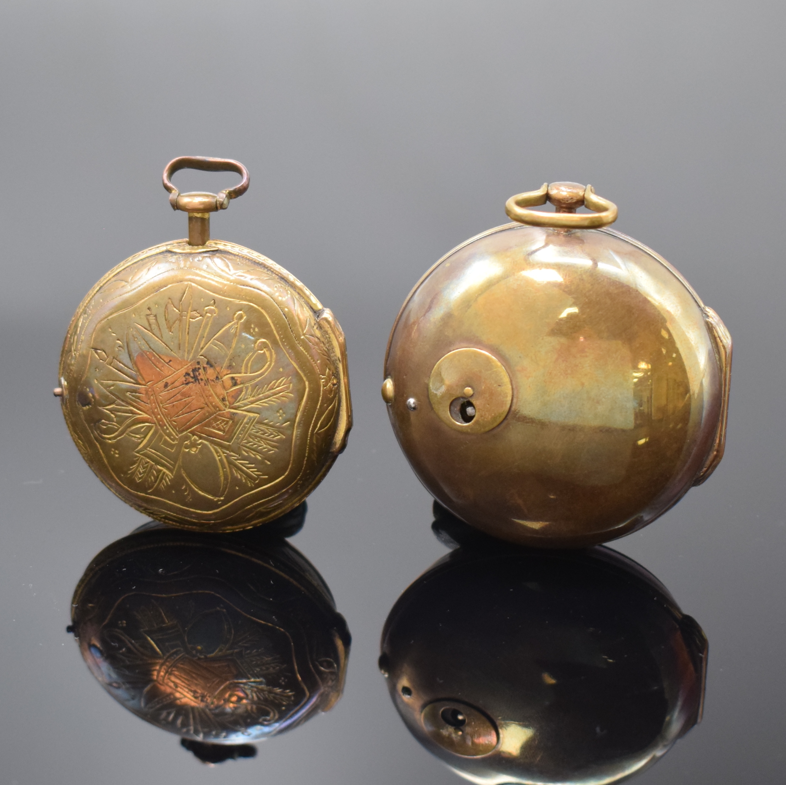 Detail d: MARWICK MARKHAM und eine weitere vergoldete Spindeltaschenuhr, London um 1720/1800, Schlüsselaufzug, 1x Übergeh., 1x Großscharnier, Gehäuse ...