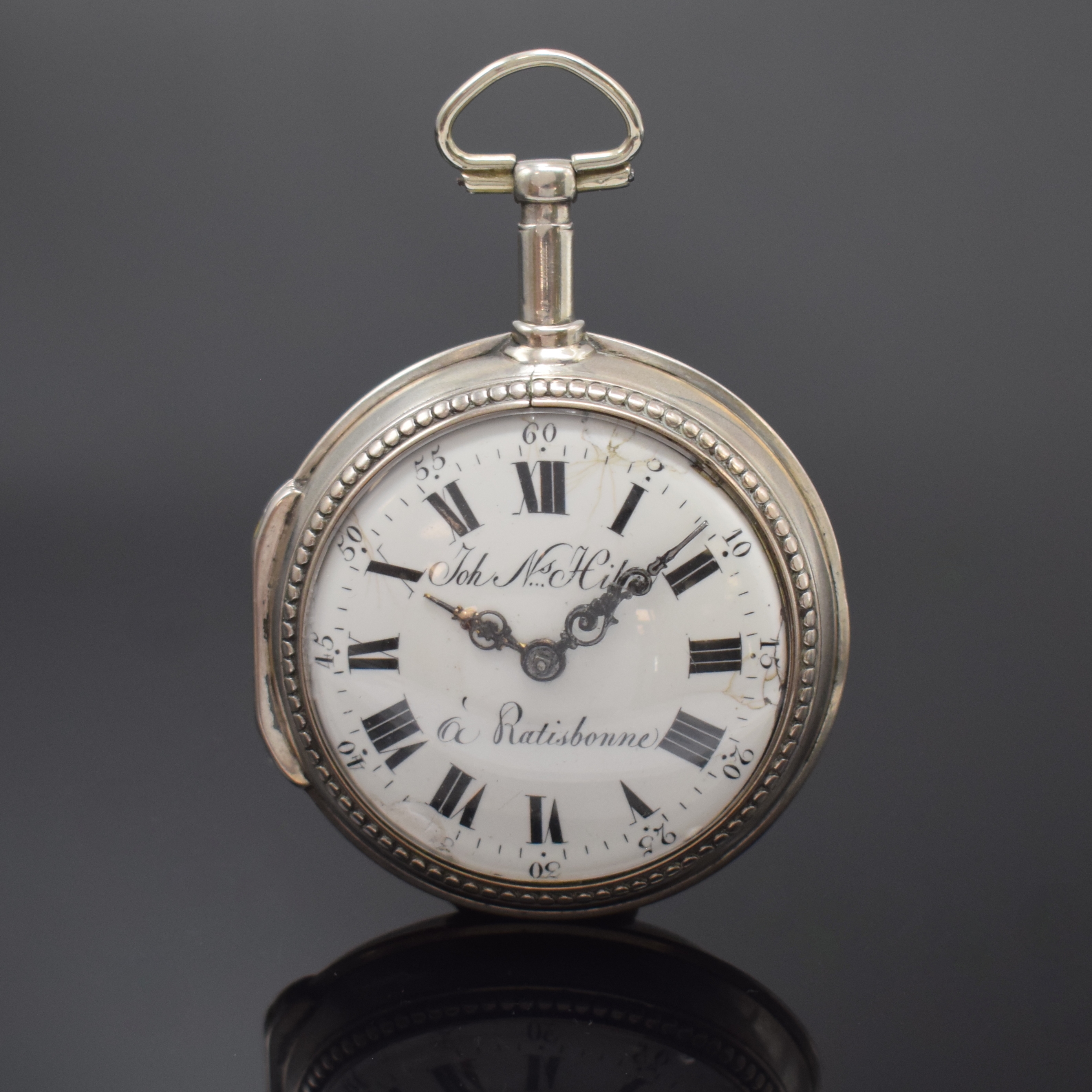 JOHANN NICOLAUS HILTEL Regensburg Spindeltaschenuhr im Silbergehäuse, um 1804, dell. Geh. innen m. Widmung, Großscharnier, Emailzifferbl. ...
