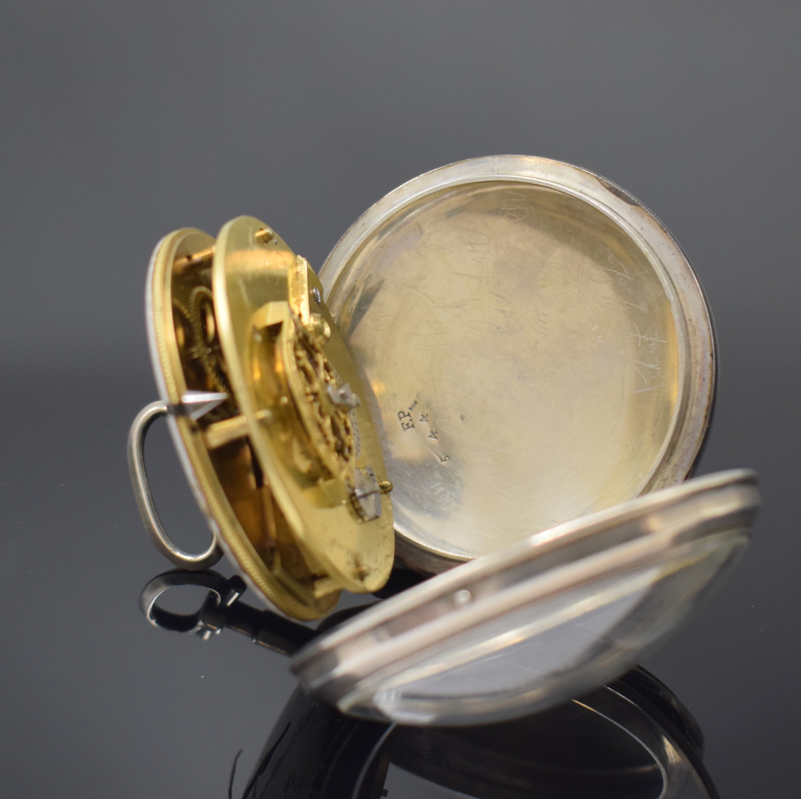 Detail c: JOHANN ANTON NETTELBECK Düsseldorf große Zylindertaschenuhr, um 1792, Silbergeh. dell., innen m. Widmung, Großscharnier, Emailzifferbl. besch., ...