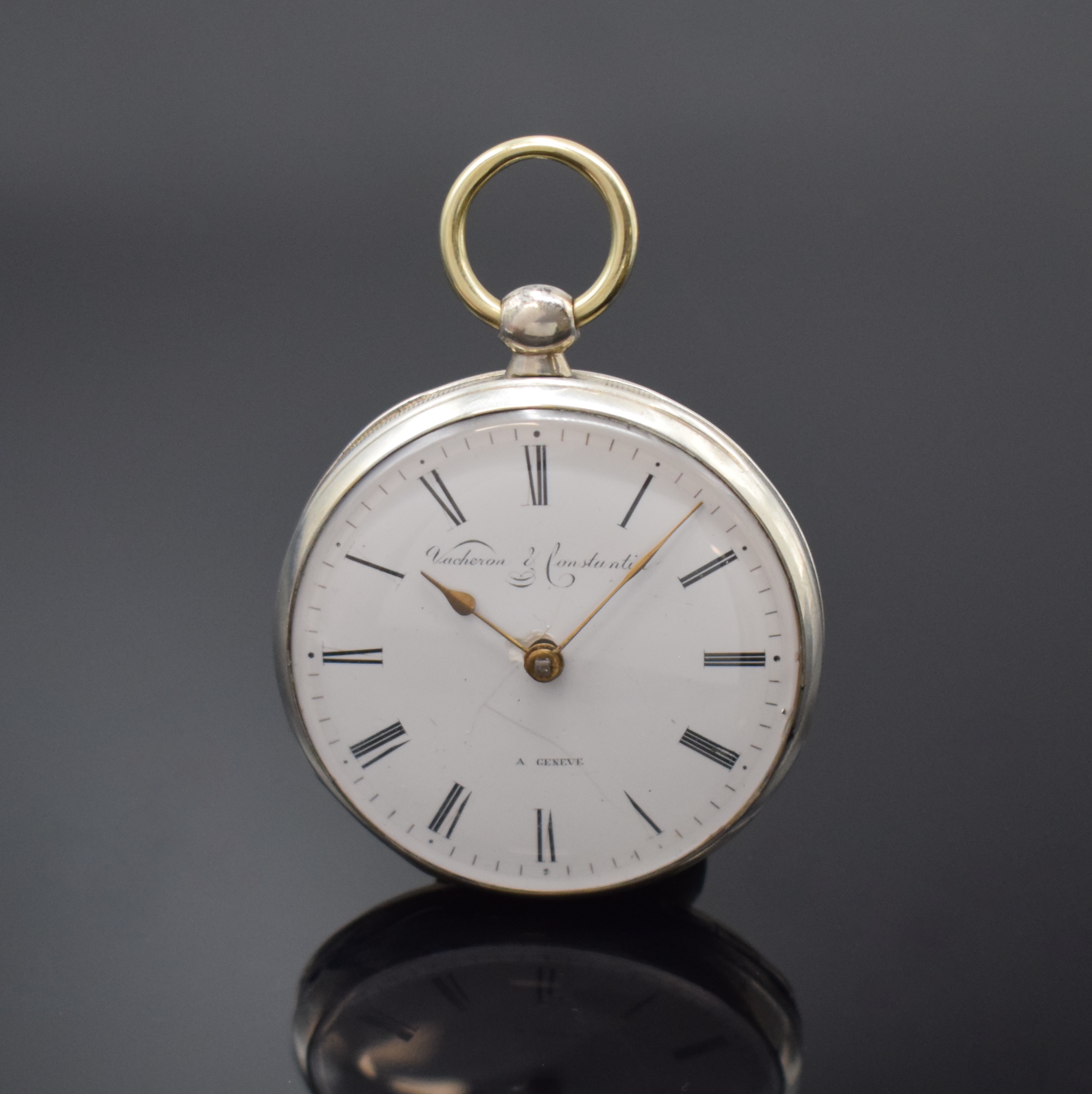 VACHERON & CONSTANTIN seltene und frühe Spindeltaschenuhr in Silber Nummer 46018, Schweiz um 1830, glattes Geh. l. dell., Münzrand, Emailzifferbl. ...