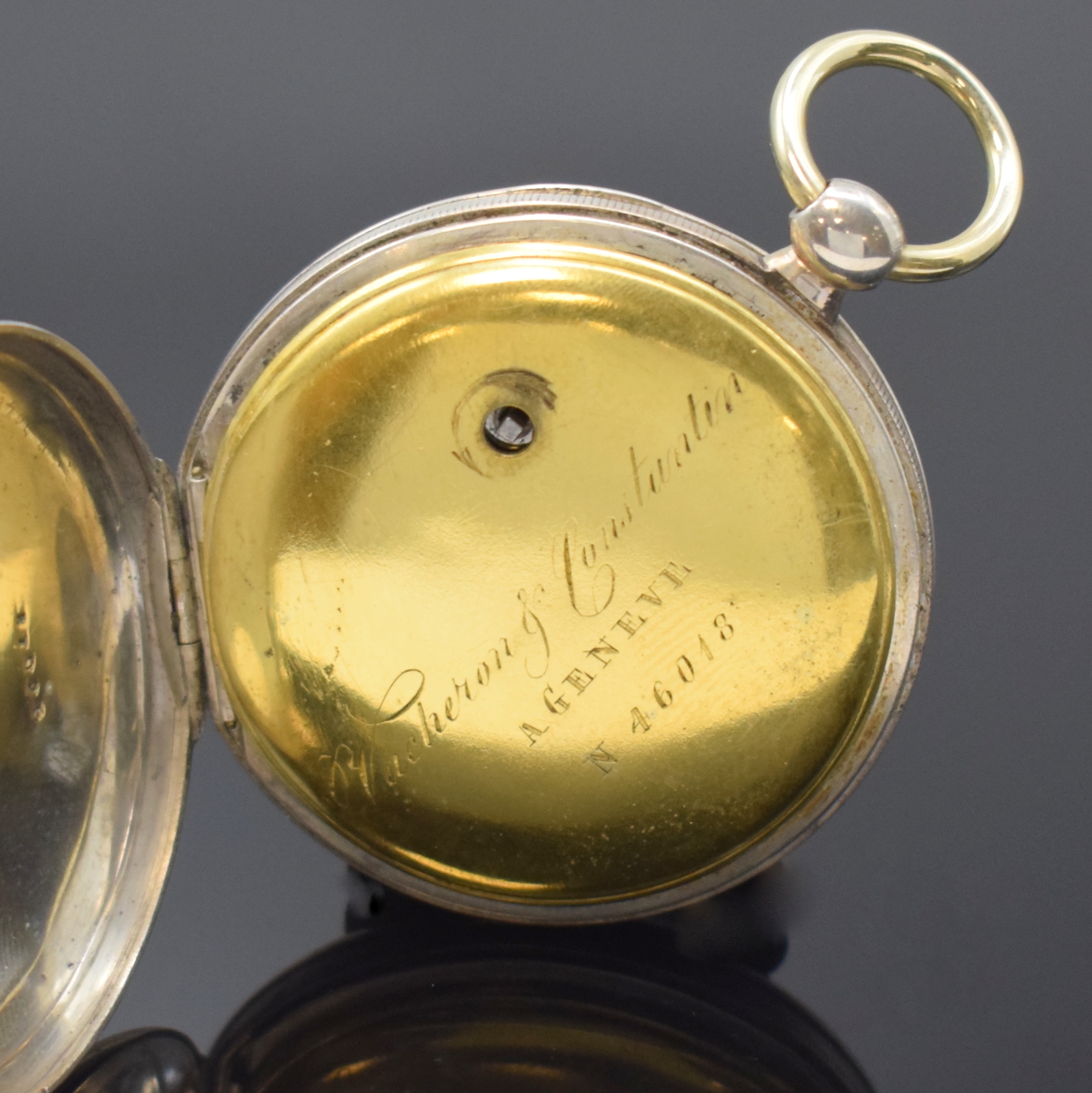Detail c: VACHERON & CONSTANTIN seltene und frühe Spindeltaschenuhr in Silber Nummer 46018, Schweiz um 1830, glattes Geh. l. dell., Münzrand, Emailzifferbl. ...
