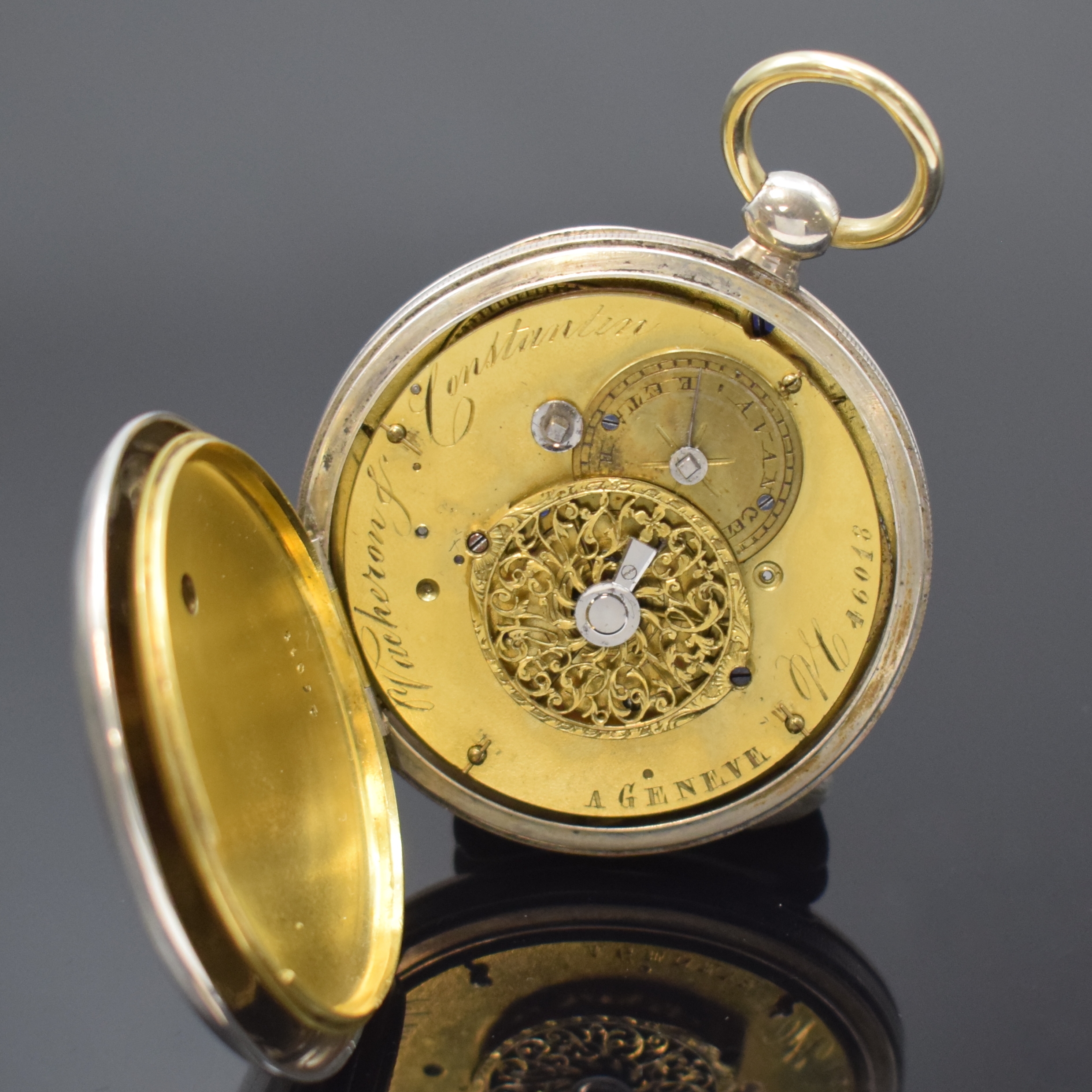Detail d: VACHERON & CONSTANTIN seltene und frühe Spindeltaschenuhr in Silber Nummer 46018, Schweiz um 1830, glattes Geh. l. dell., Münzrand, Emailzifferbl. ...