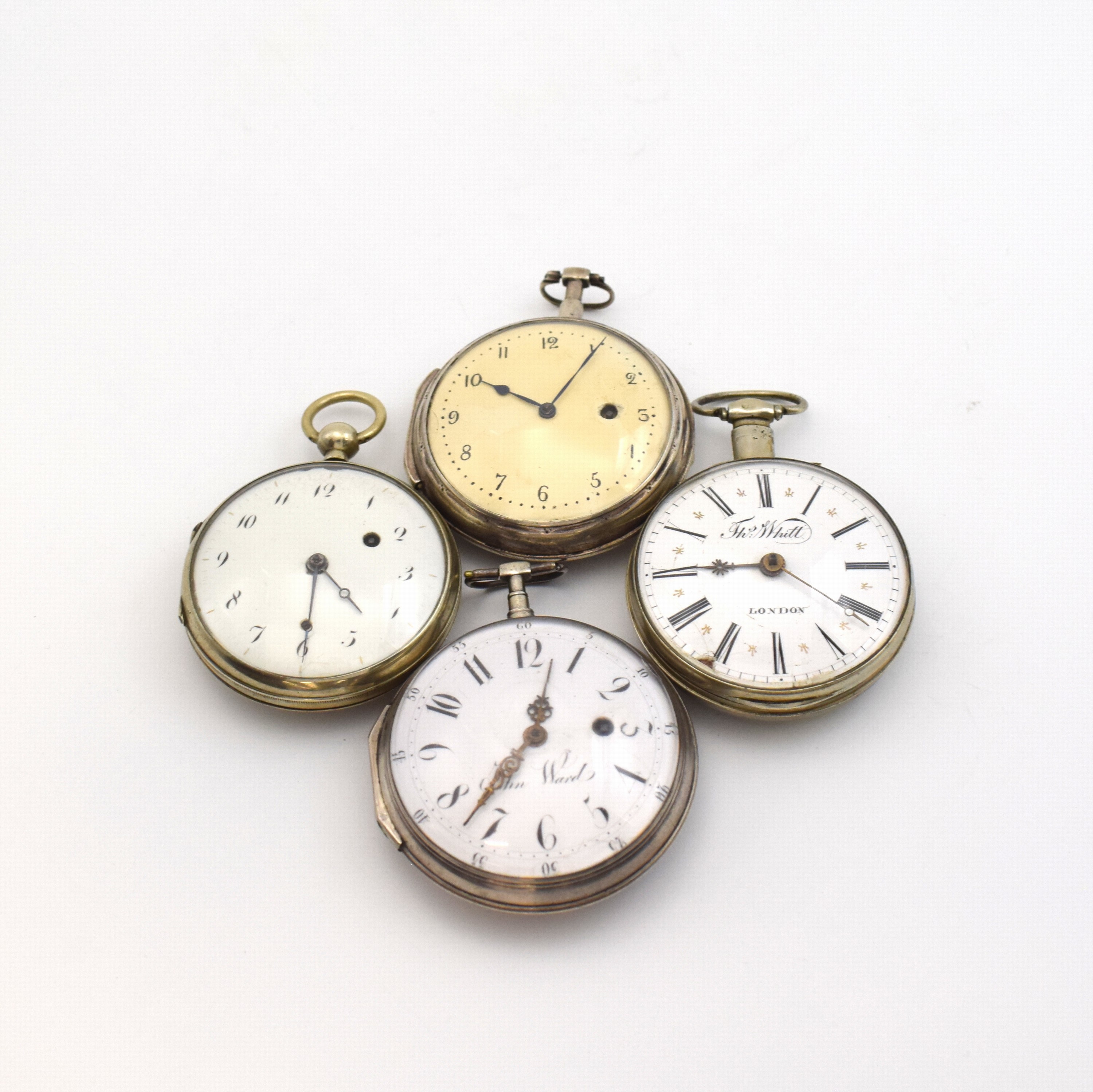 THOMAS WHITT London und JOHN WARD sowie 2 weitere Spindeltaschenuhren, England um 1800, 2x Nickel, 2x Silber, Gehäuse dell., teils Großscharniere, ...