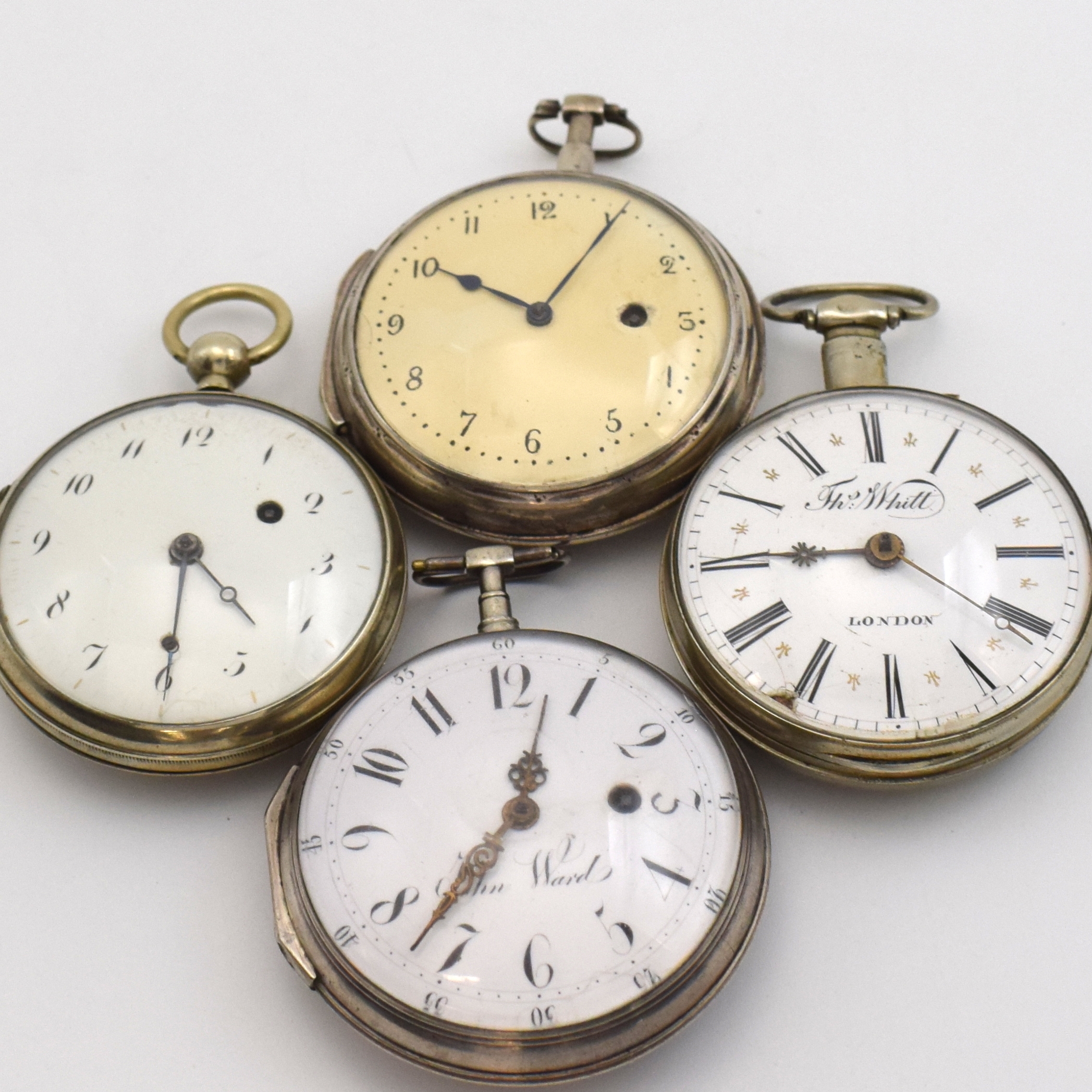 Detail a: THOMAS WHITT London und JOHN WARD sowie 2 weitere Spindeltaschenuhren, England um 1800, 2x Nickel, 2x Silber, Gehäuse dell., teils Großscharniere, ...