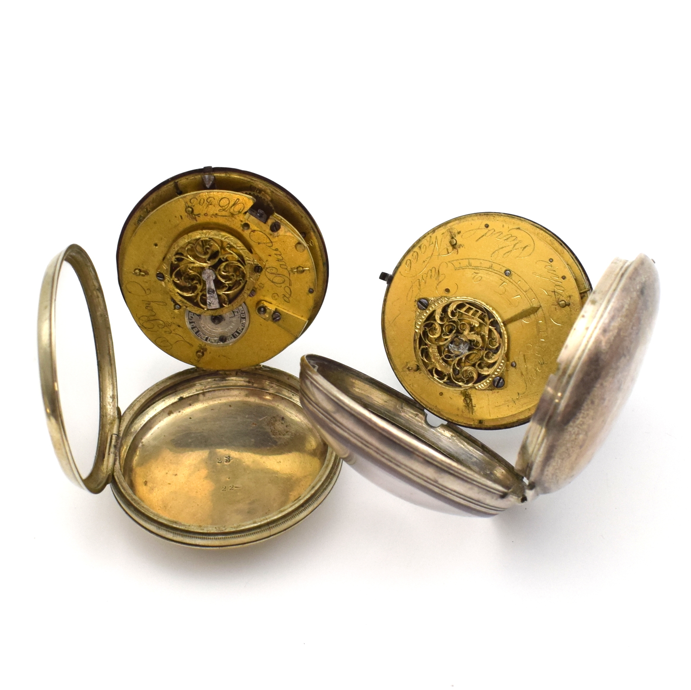 Detail c: THOMAS WHITT London und JOHN WARD sowie 2 weitere Spindeltaschenuhren, England um 1800, 2x Nickel, 2x Silber, Gehäuse dell., teils Großscharniere, ...