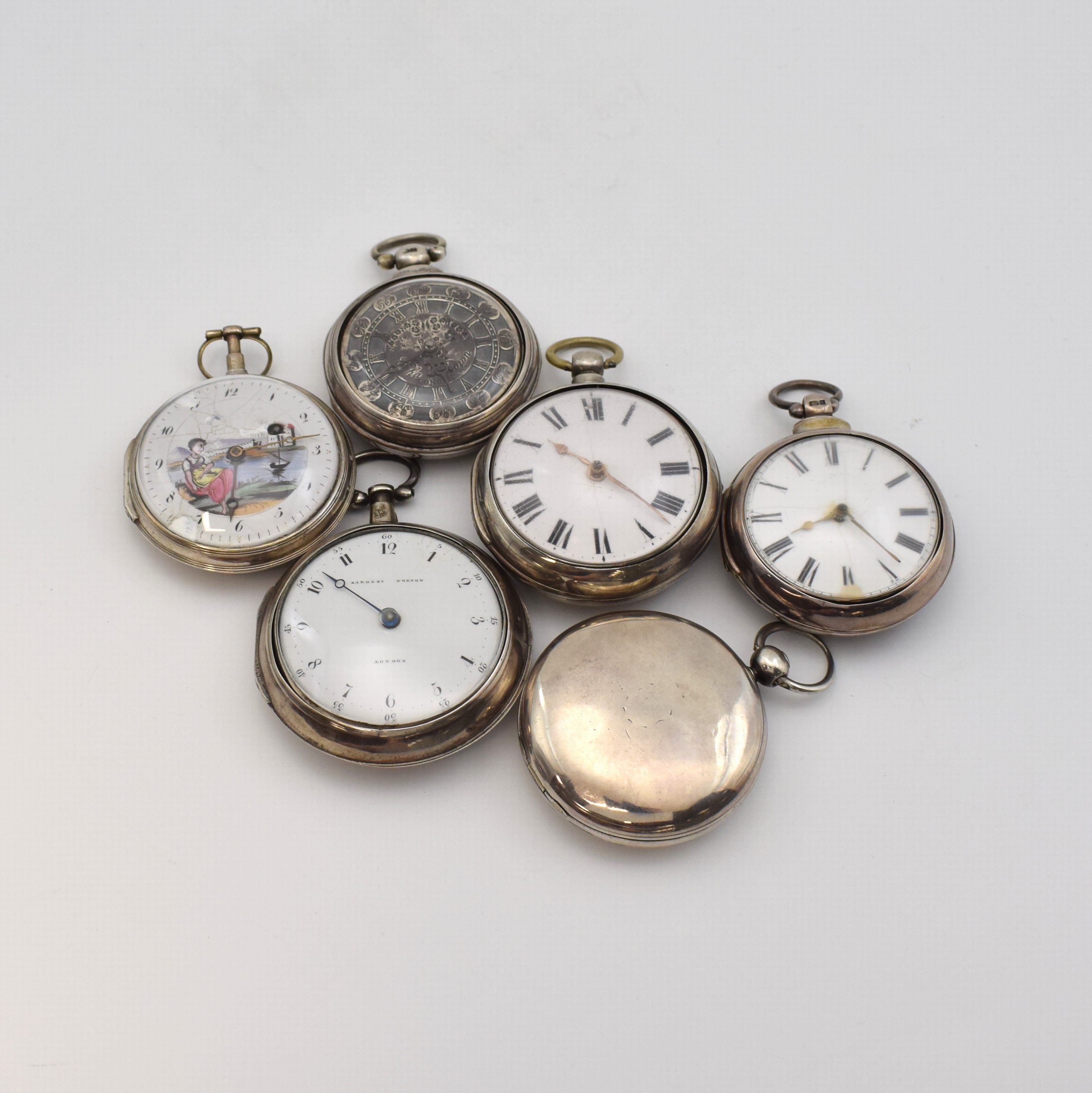 EARDLY NORTON London sowie 4 weitere Spindeltaschenuhren und 1 Gehäuse, 1x Frankreich u. 4x England um 1780-1840, alle Silber, Gehäuse ...