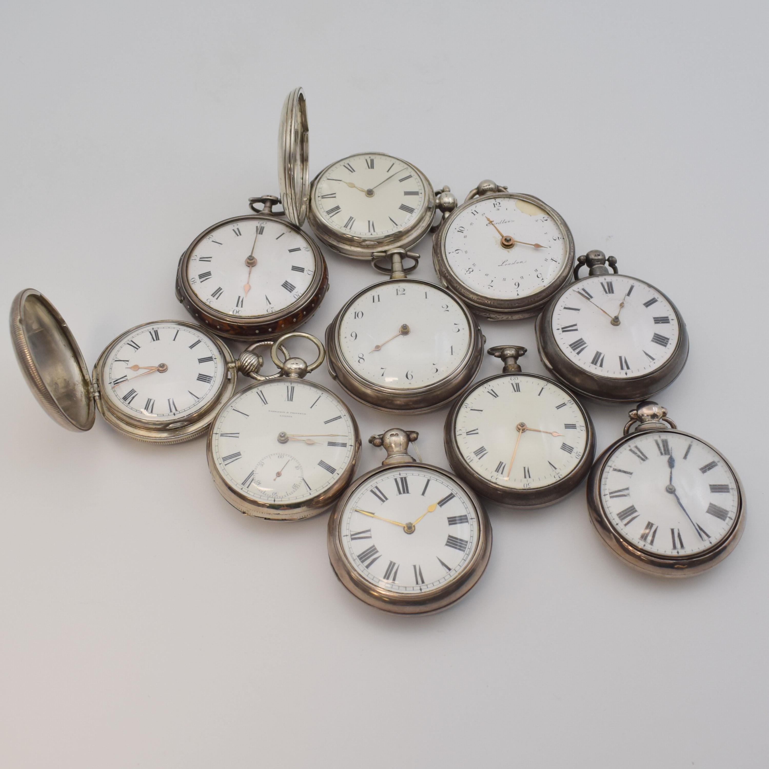 WHITEHURST & SON seltene Taschenuhr mit Rechenankerhemmung sowie 9 weitere englische Taschenuhren, um 1800-1840, 1x Thomas Fleet Taschenuhr m. ...