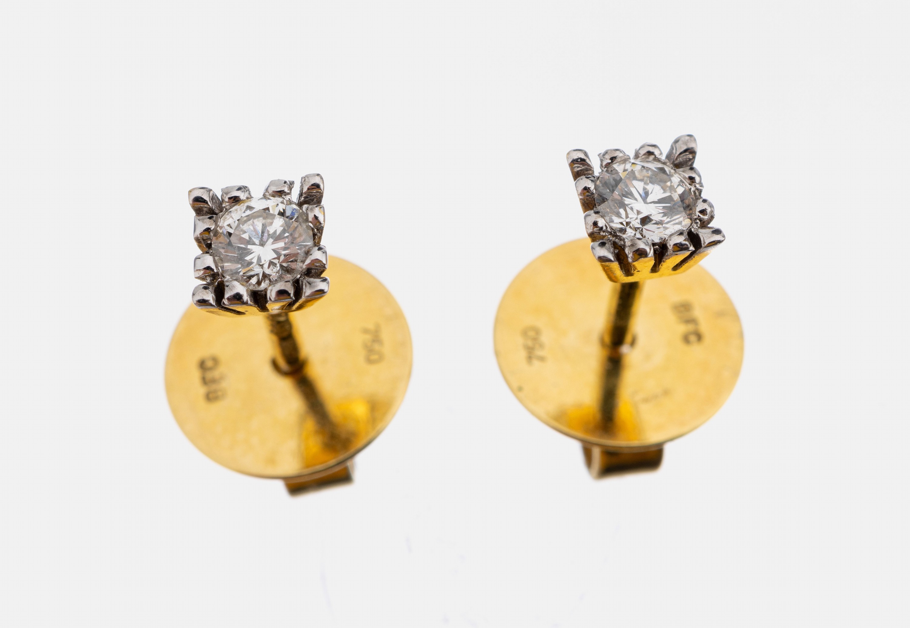 Paar 18 kt Gold Brillant-Ohrstecker, GG 750/000, 2 Brillanten zus. ca. 0.20 ct Weiß/si, ca. 1.9 g