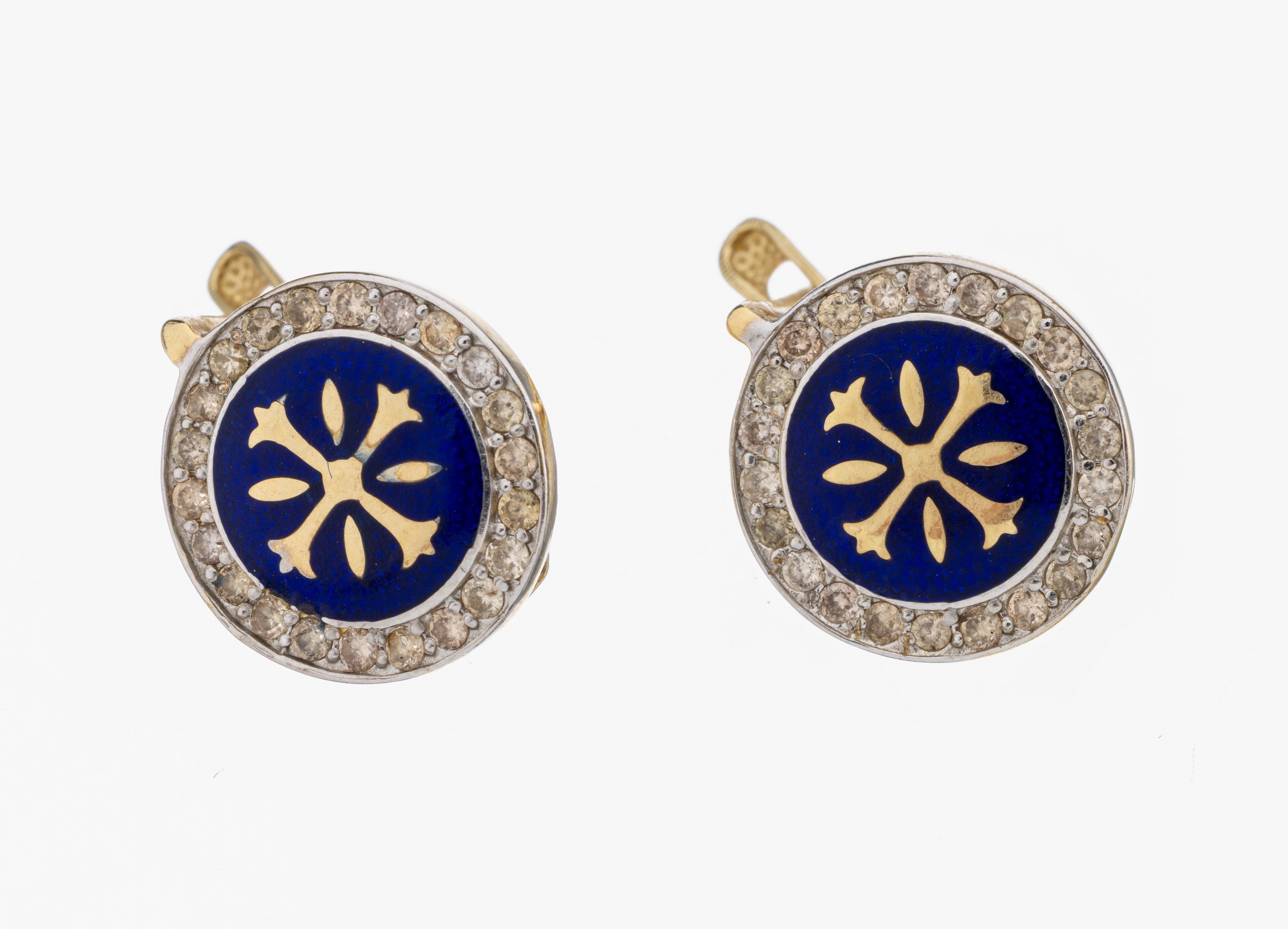 14 kt God Brillant-Ohrstecker mit Email, GG585/000, mittig rundes Element, royalblau emailliert, 44 Brillanten zus. ca. 0.44 ct Weiß/si-p, D. ca. ...