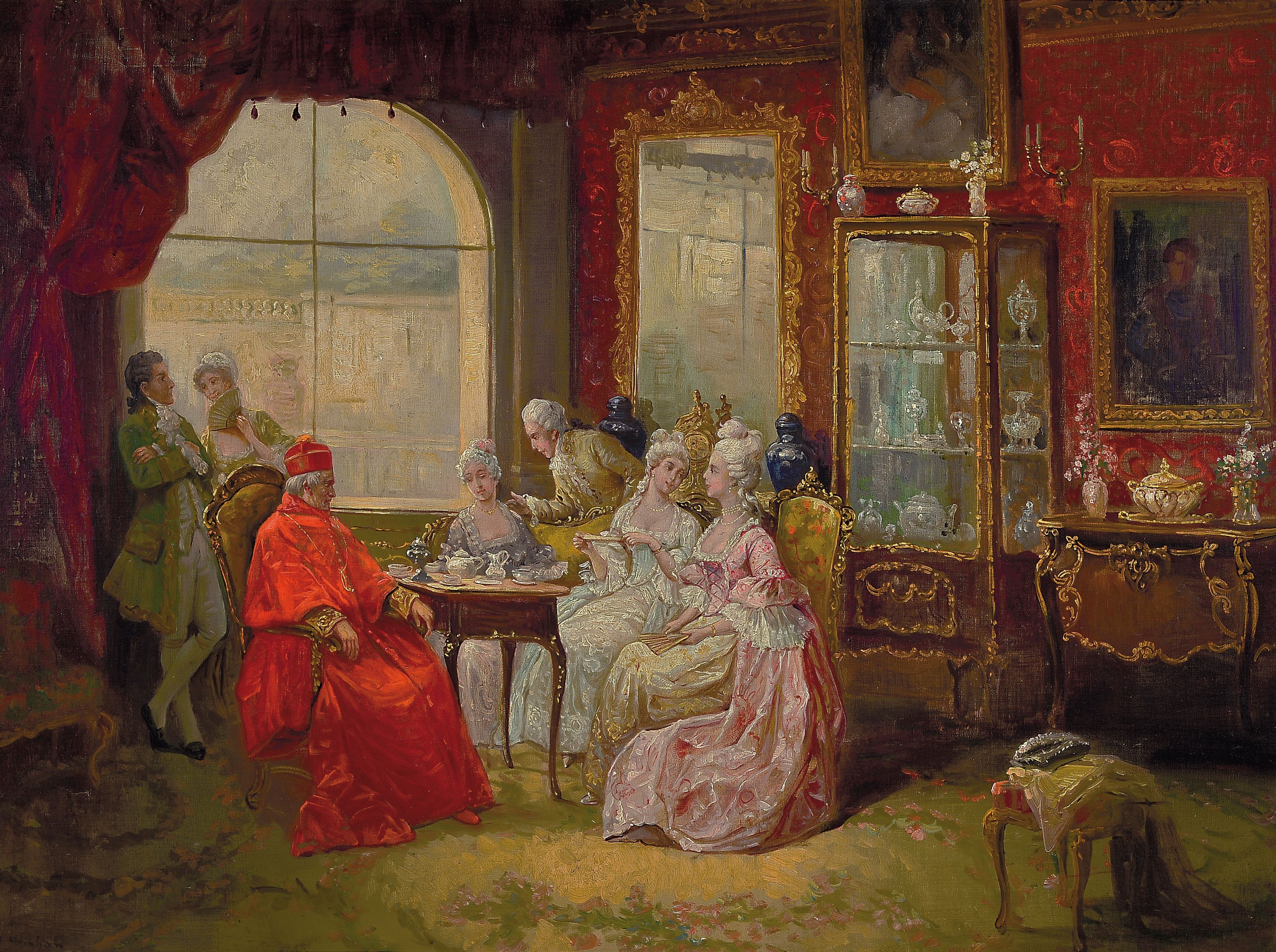 August Stephan, 1868 - 1936, Besuch beim Kardinal, vielfigurige Genreszene, detailreiche Aufzählung der Einrichtung, Öl/Platte, 73 x 98 cm, Rahmen ...