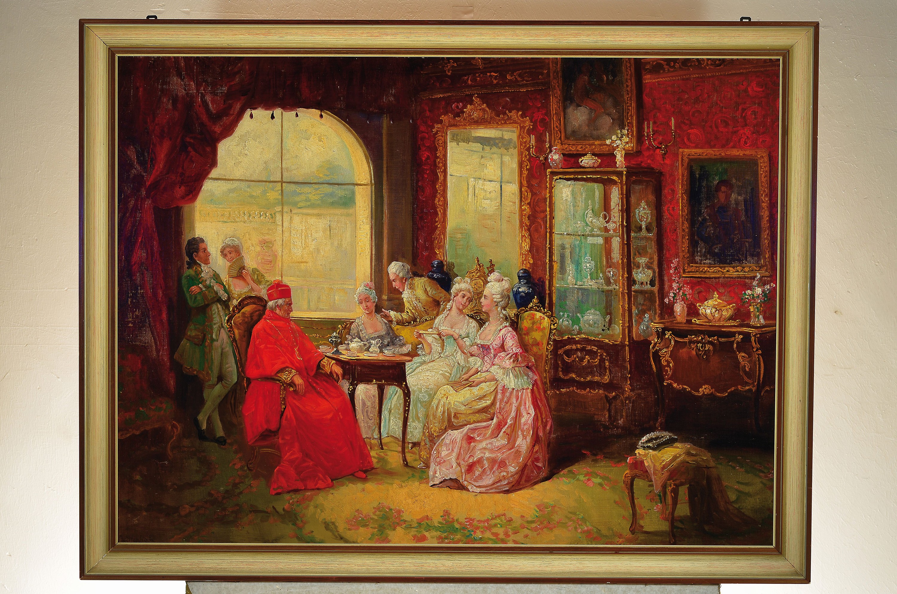 Detail k: August Stephan, 1868 - 1936, Besuch beim Kardinal, vielfigurige Genreszene, detailreiche Aufzählung der Einrichtung, Öl/Platte, 73 x 98 cm, Rahmen ...