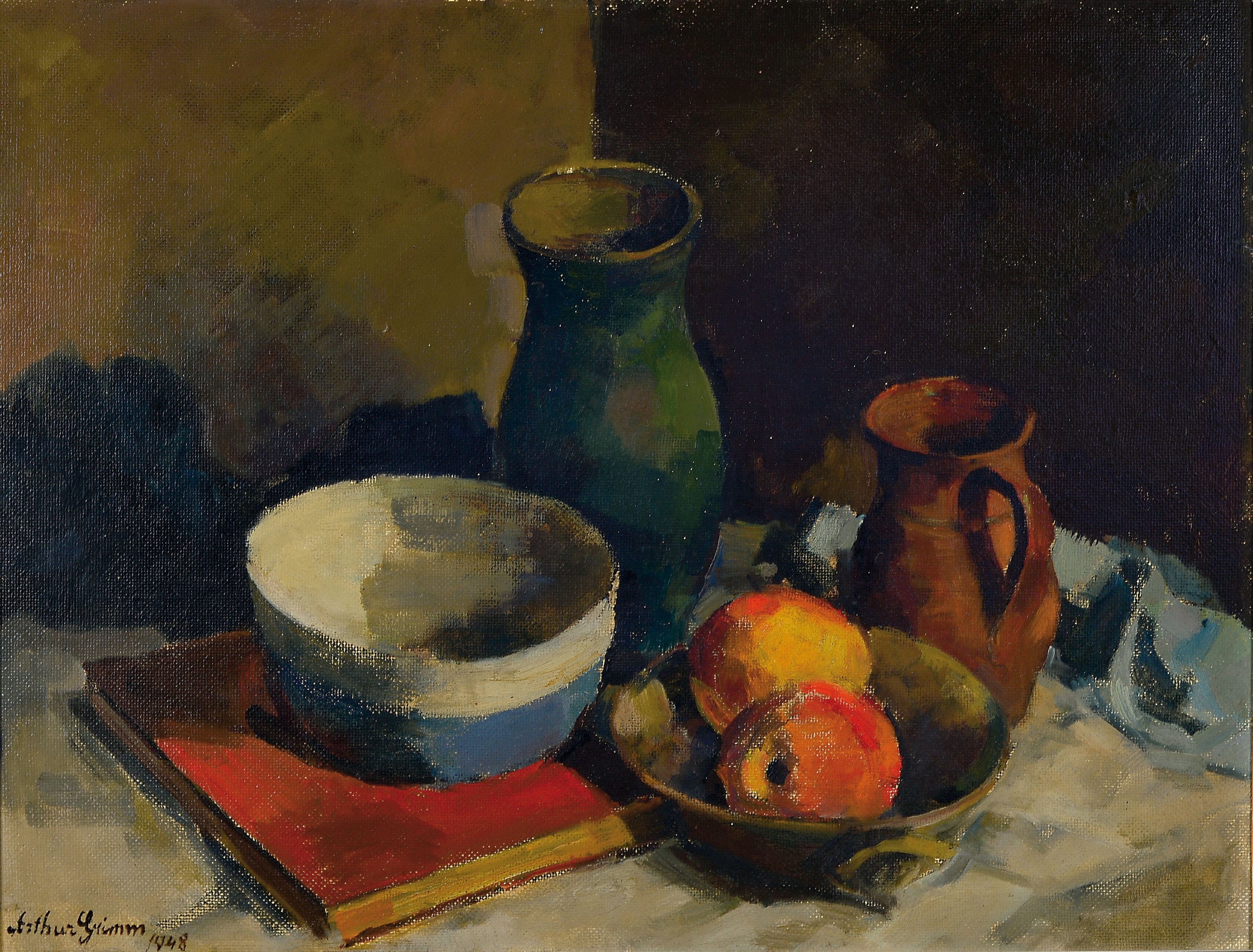 Arthur Grimm, 1883 Mudau-1948 Karlsruhe, Stillleben mit Äpfeln, Gefäßen und Buch, Öl/Hartfaser, links unten sign. und dat.1948, ca. 50x65cm, R. ...