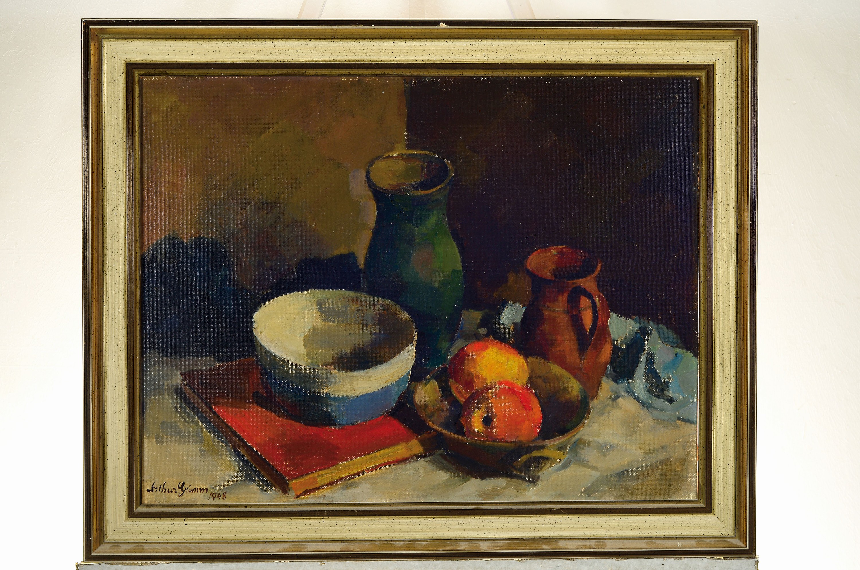 Detail k: Arthur Grimm, 1883 Mudau-1948 Karlsruhe, Stillleben mit Äpfeln, Gefäßen und Buch, Öl/Hartfaser, links unten sign. und dat.1948, ca. 50x65cm, R. ...