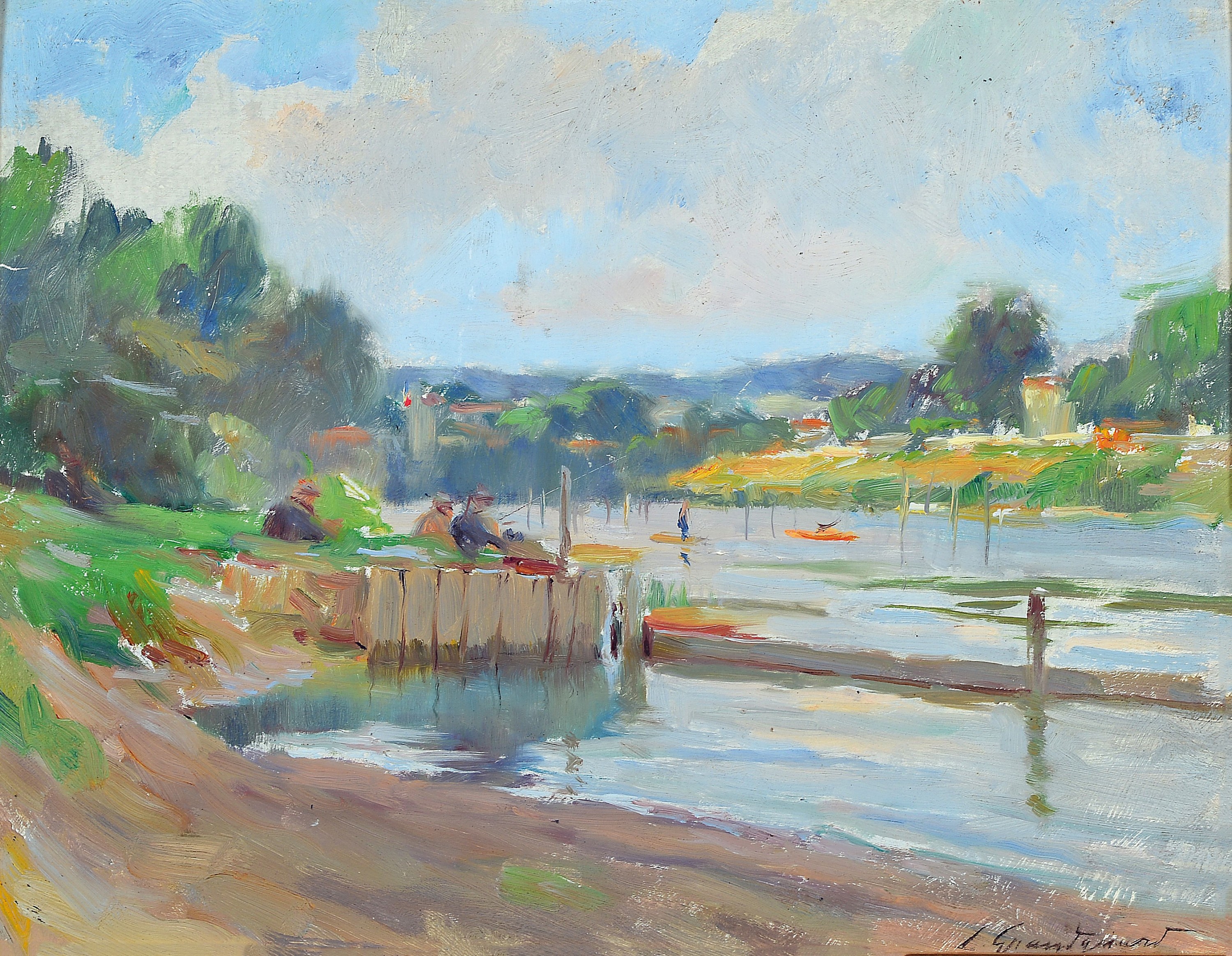 Lucien-Henri Grandgérard, 1880-1970, Seeuferlandschaft mit Anglern, Öl/Malkarton, rechts unten signiert, ca. 27x35cm, R. ca. 33x41cm
