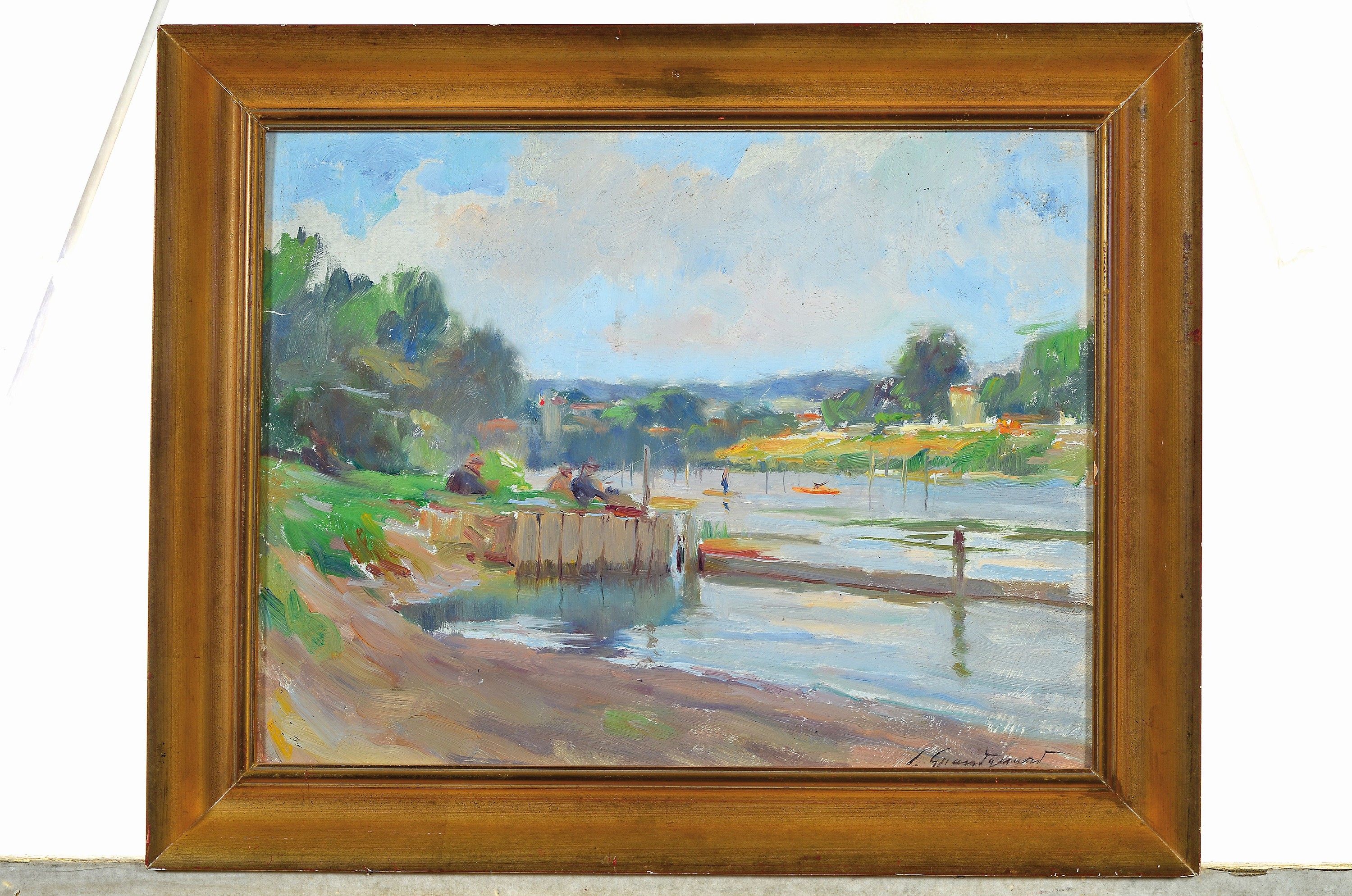 Detail k: Lucien-Henri Grandgérard, 1880-1970, Seeuferlandschaft mit Anglern, Öl/Malkarton, rechts unten signiert, ca. 27x35cm, R. ca. 33x41cm