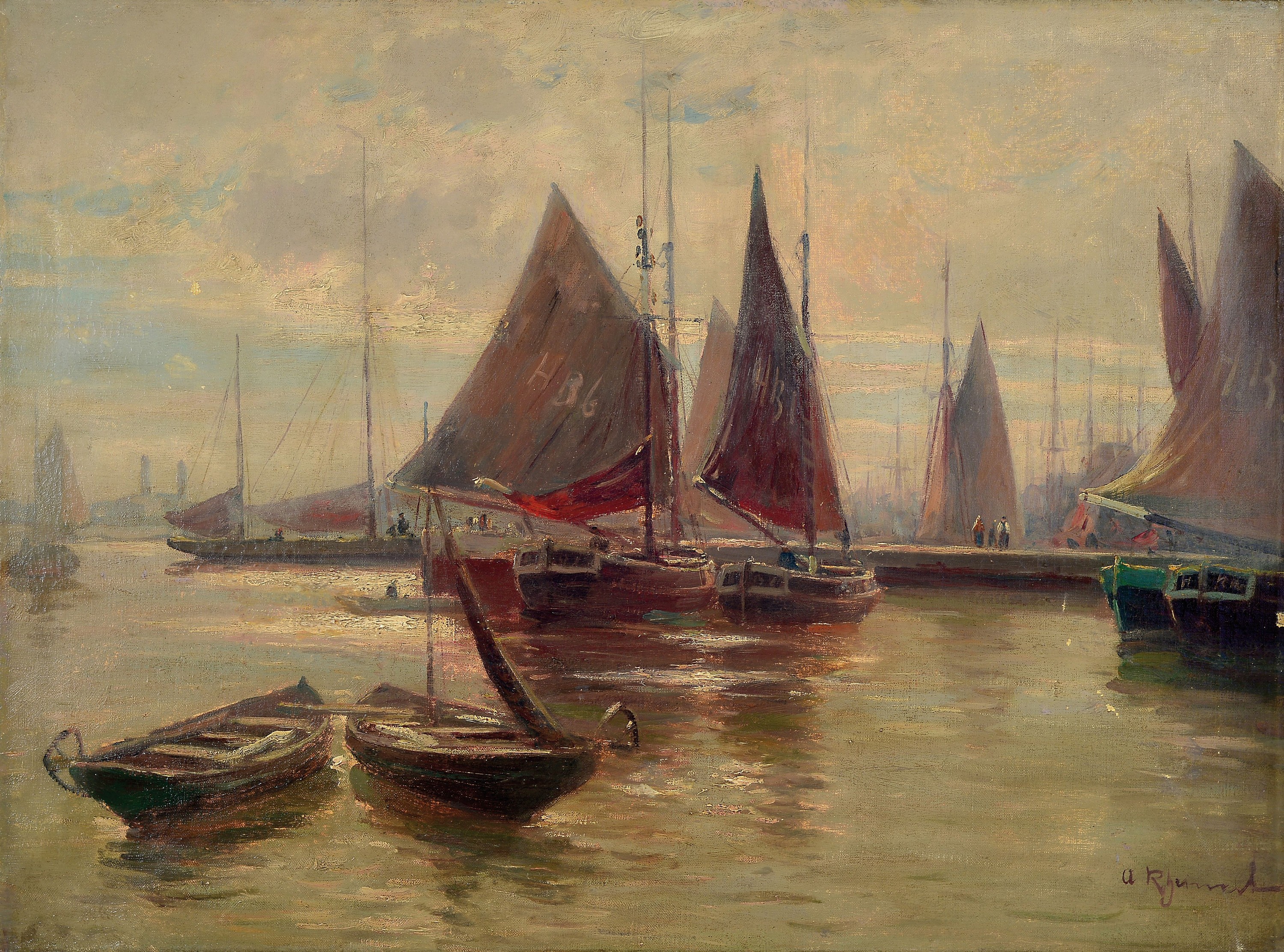 Adolf Rheinert, 1880-1958 Düsseldorf, Fischerboote im Hafen, Öl/Lwd, rechts unten sign., ca. 60x80cm