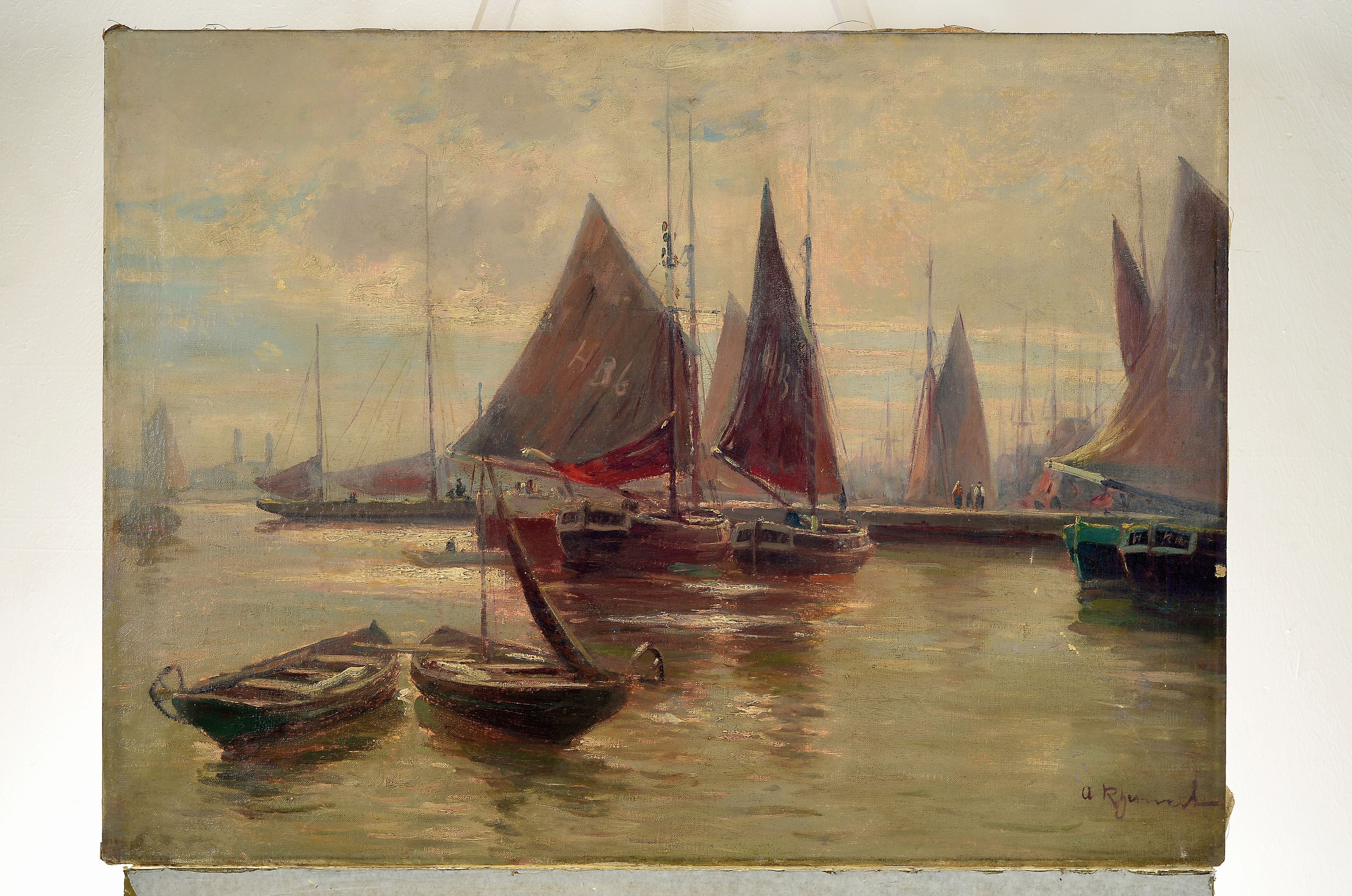 Detail k: Adolf Rheinert, 1880-1958 Düsseldorf, Fischerboote im Hafen, Öl/Lwd, rechts unten sign., ca. 60x80cm