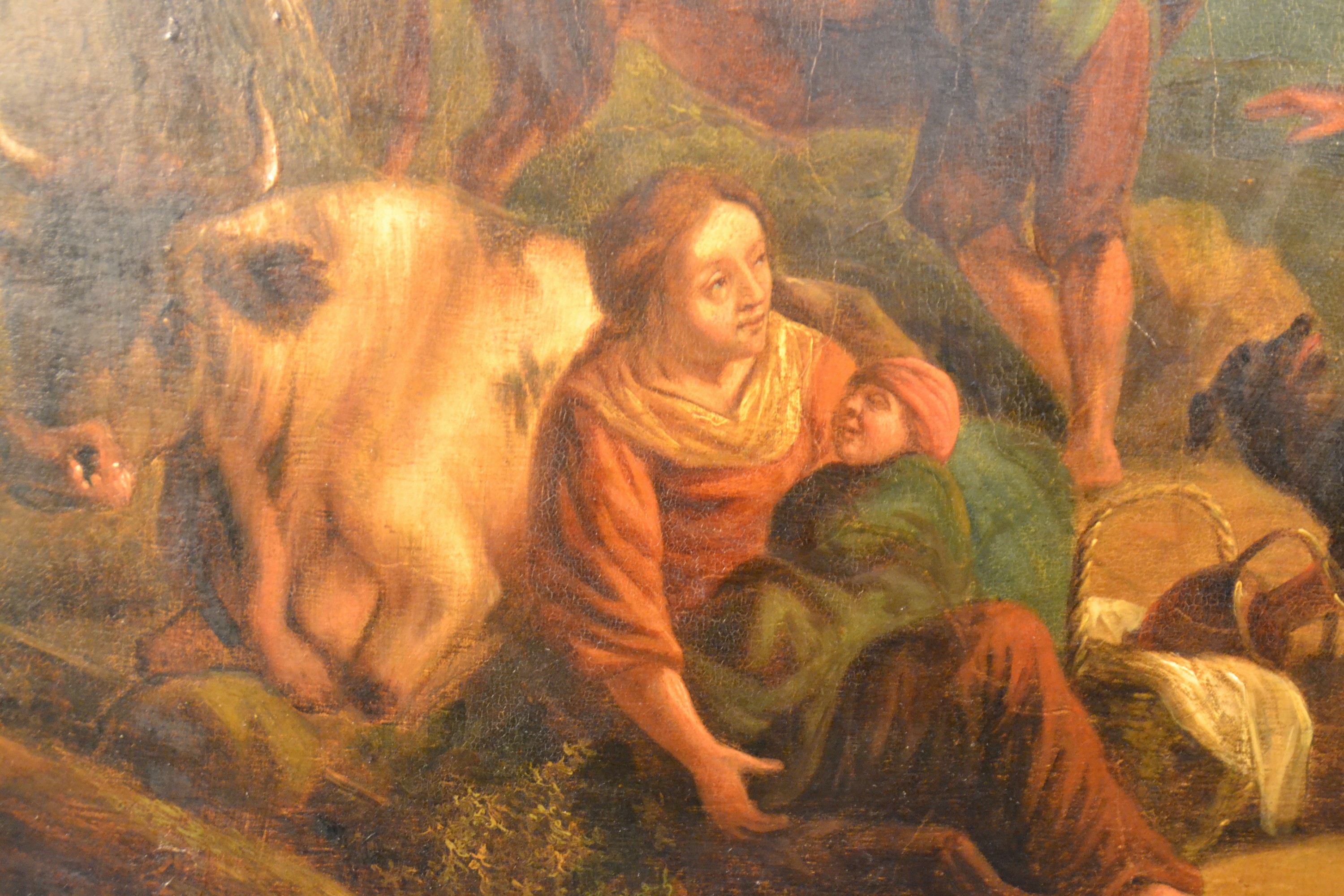 Detail a: Nicolaes Pieterz. Berchem, 1620 Haarlem-1683 Amsterdam, Italienische Landschaft mit Vieh und rastenden Personen am Wegrand, Öl/Holz, fast mittig ein ...