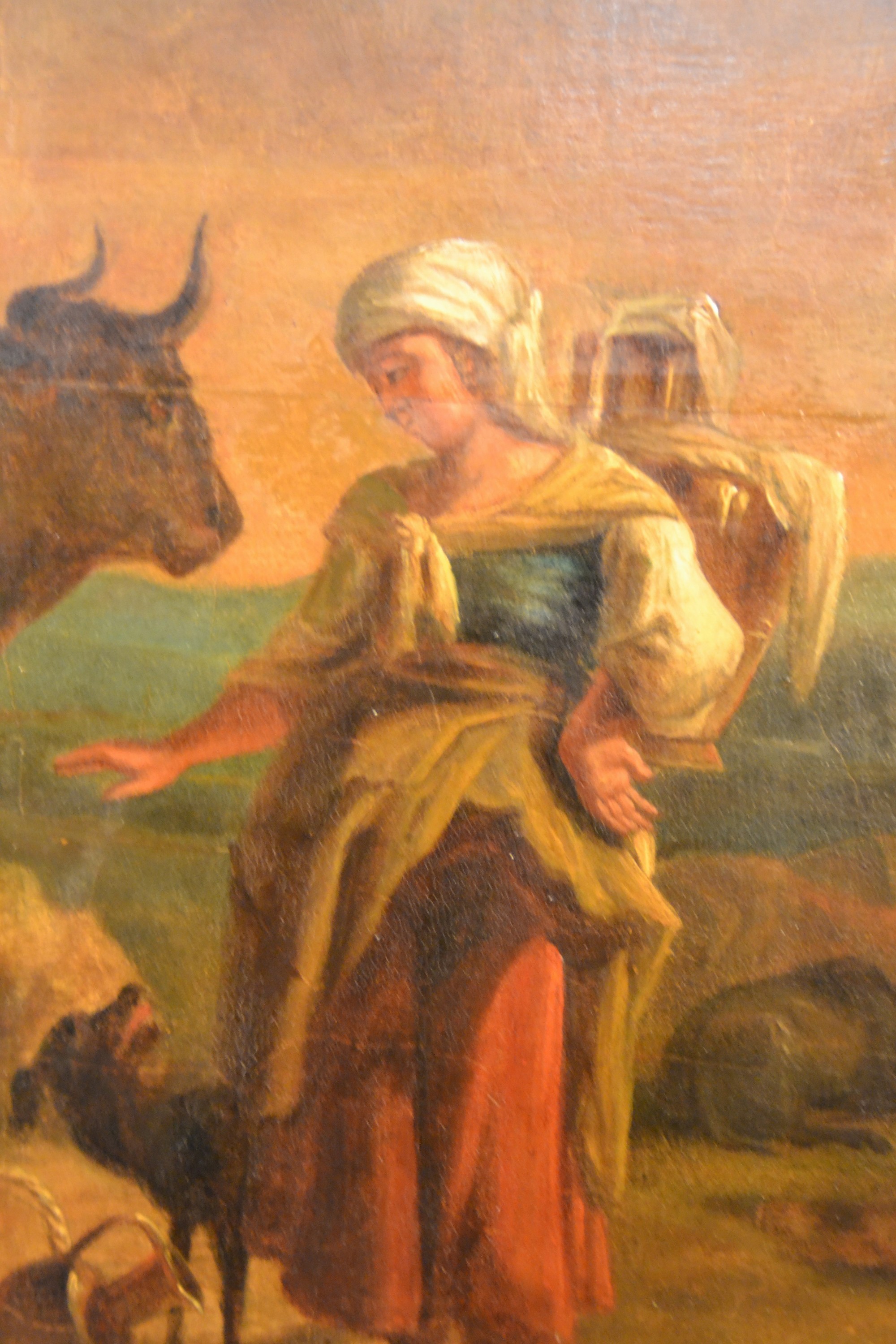Detail b: Nicolaes Pieterz. Berchem, 1620 Haarlem-1683 Amsterdam, Italienische Landschaft mit Vieh und rastenden Personen am Wegrand, Öl/Holz, fast mittig ein ...