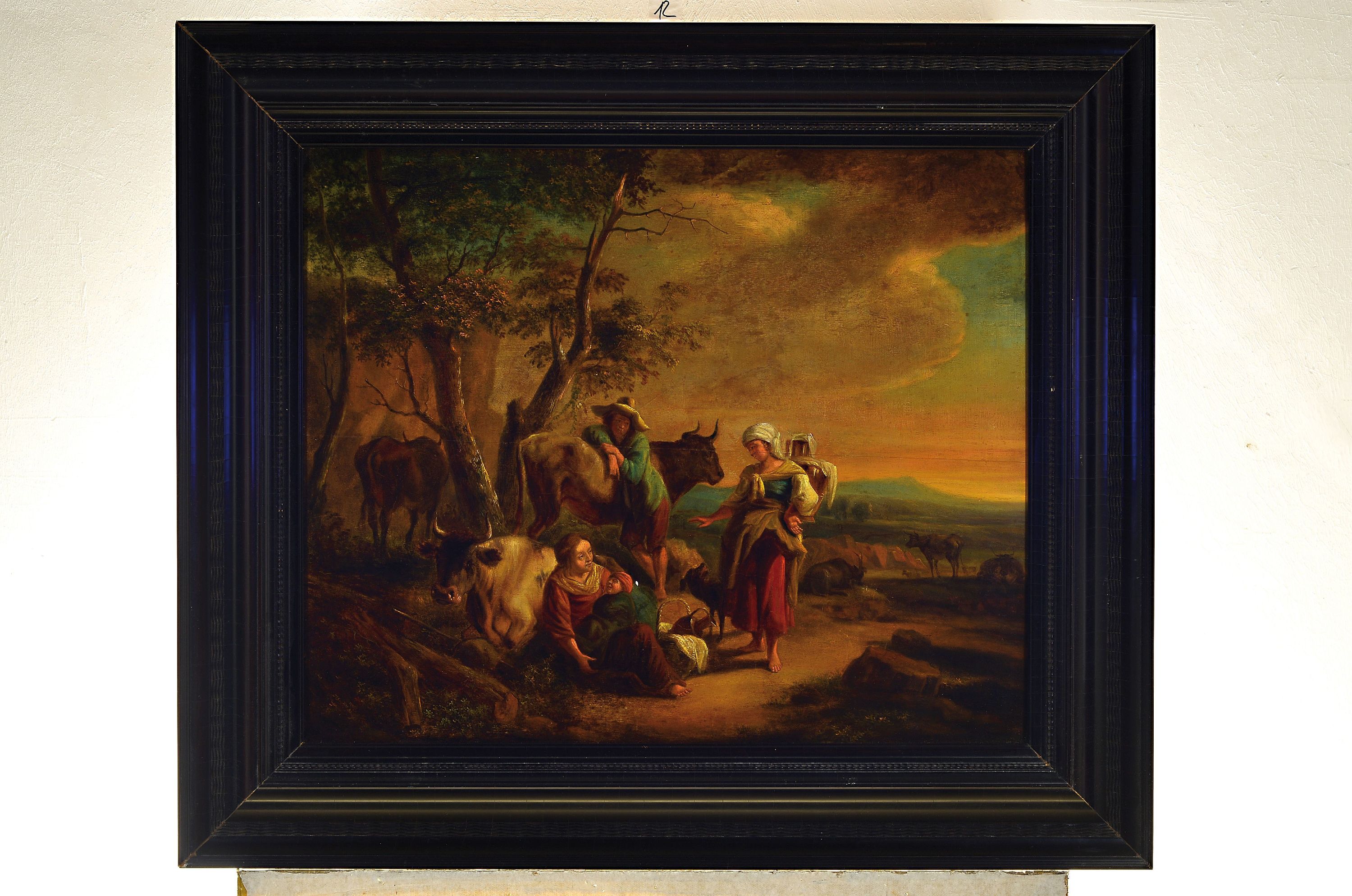 Detail k: Nicolaes Pieterz. Berchem, 1620 Haarlem-1683 Amsterdam, Italienische Landschaft mit Vieh und rastenden Personen am Wegrand, Öl/Holz, fast mittig ein ...