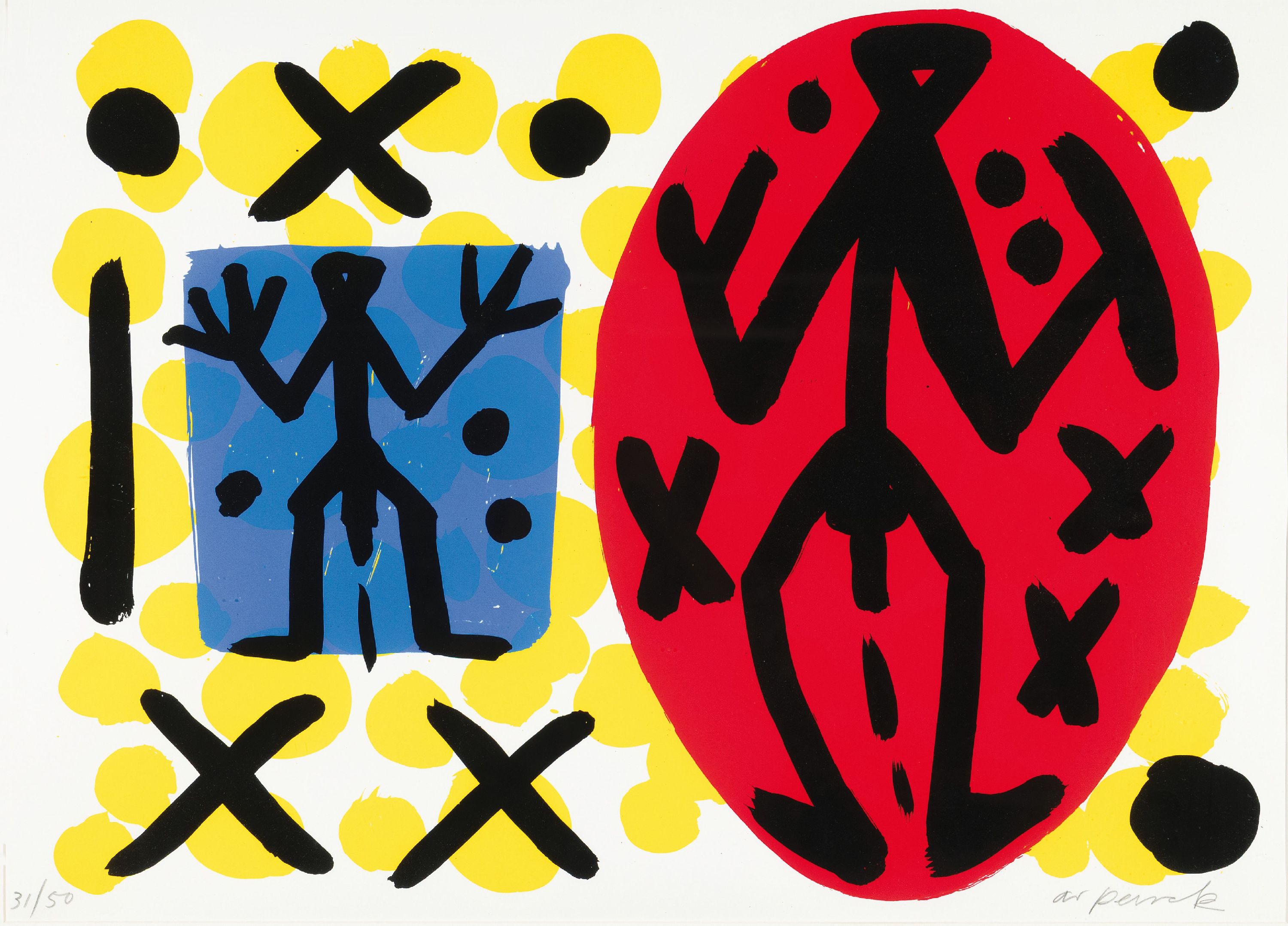 A.R. Penck, 1939-2017, Lustgarten, Farbsiebdruck von 1993, handsign. num. 31/50, ca. 54.5x76.5cm, PP, u.Gl., R. ca. 72x92cm