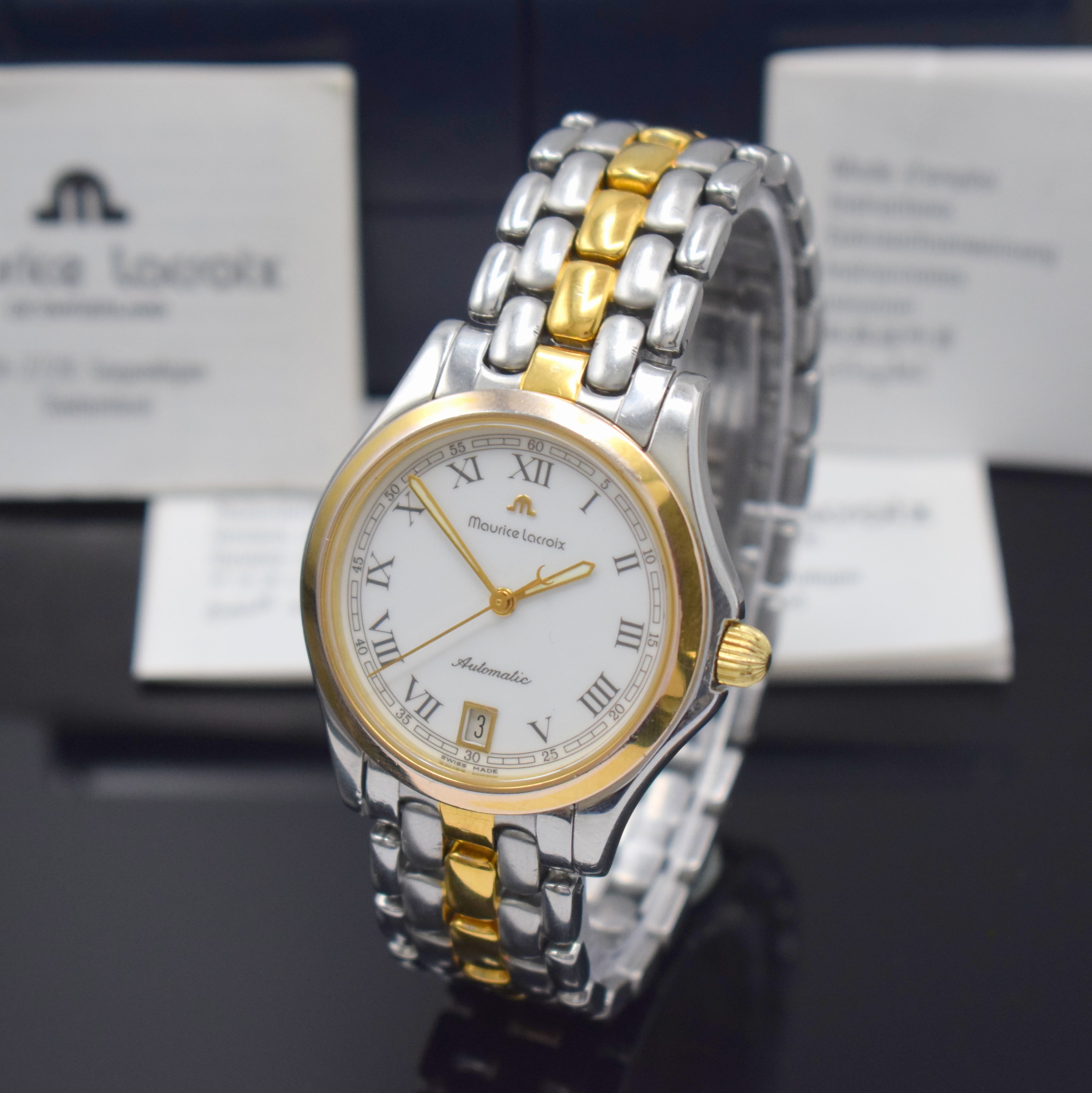 MAURICE LACROIX Pontos Herrenarmbanduhr Referenz 2506, Schweiz verk. lt. Pap. 03/1996, Automatik, Stahl Geh., Boden u. Krone verschr., Stahlband m. ...
