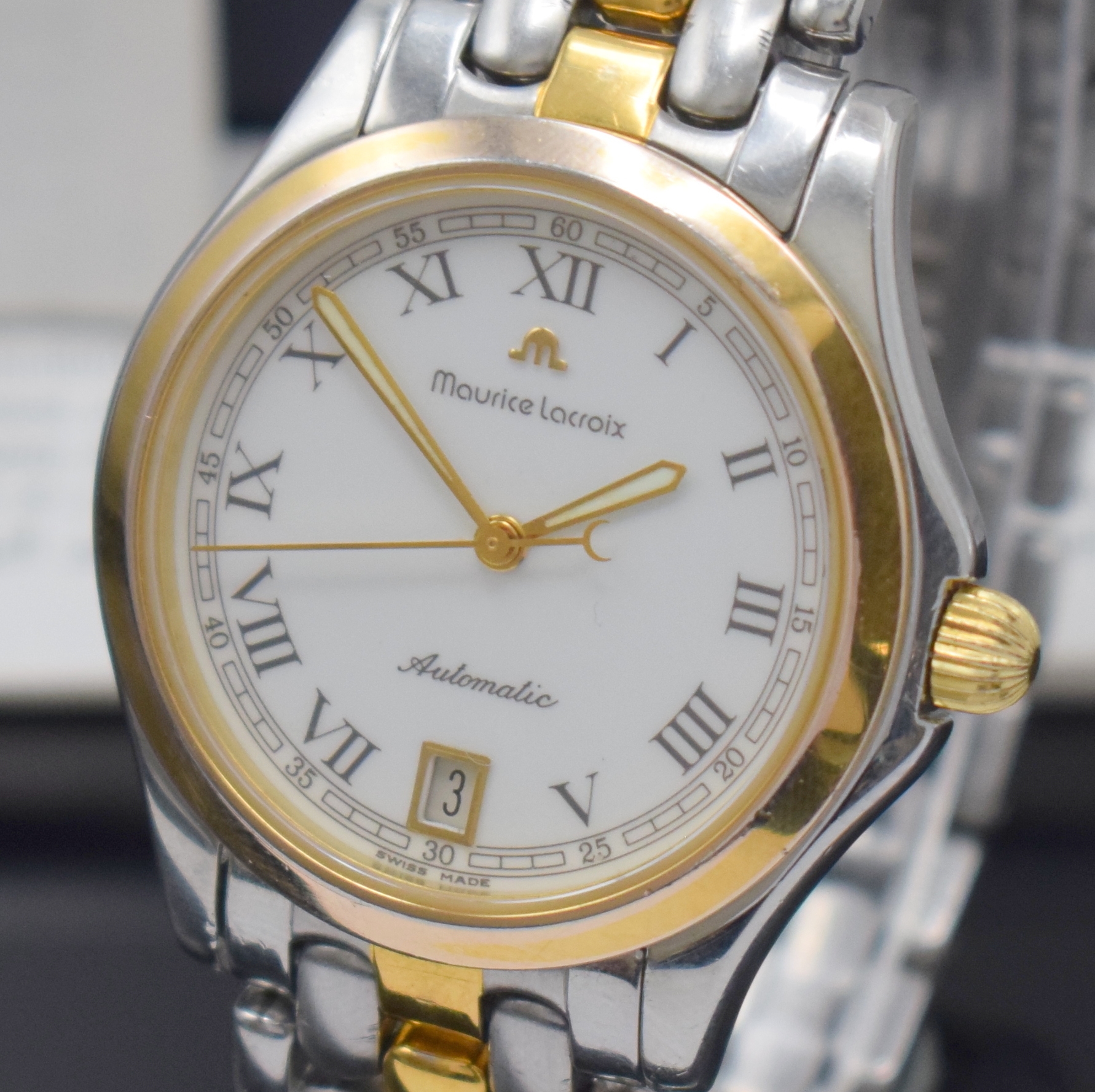 Detail a: MAURICE LACROIX Pontos Herrenarmbanduhr Referenz 2506, Schweiz verk. lt. Pap. 03/1996, Automatik, Stahl Geh., Boden u. Krone verschr., Stahlband m. ...