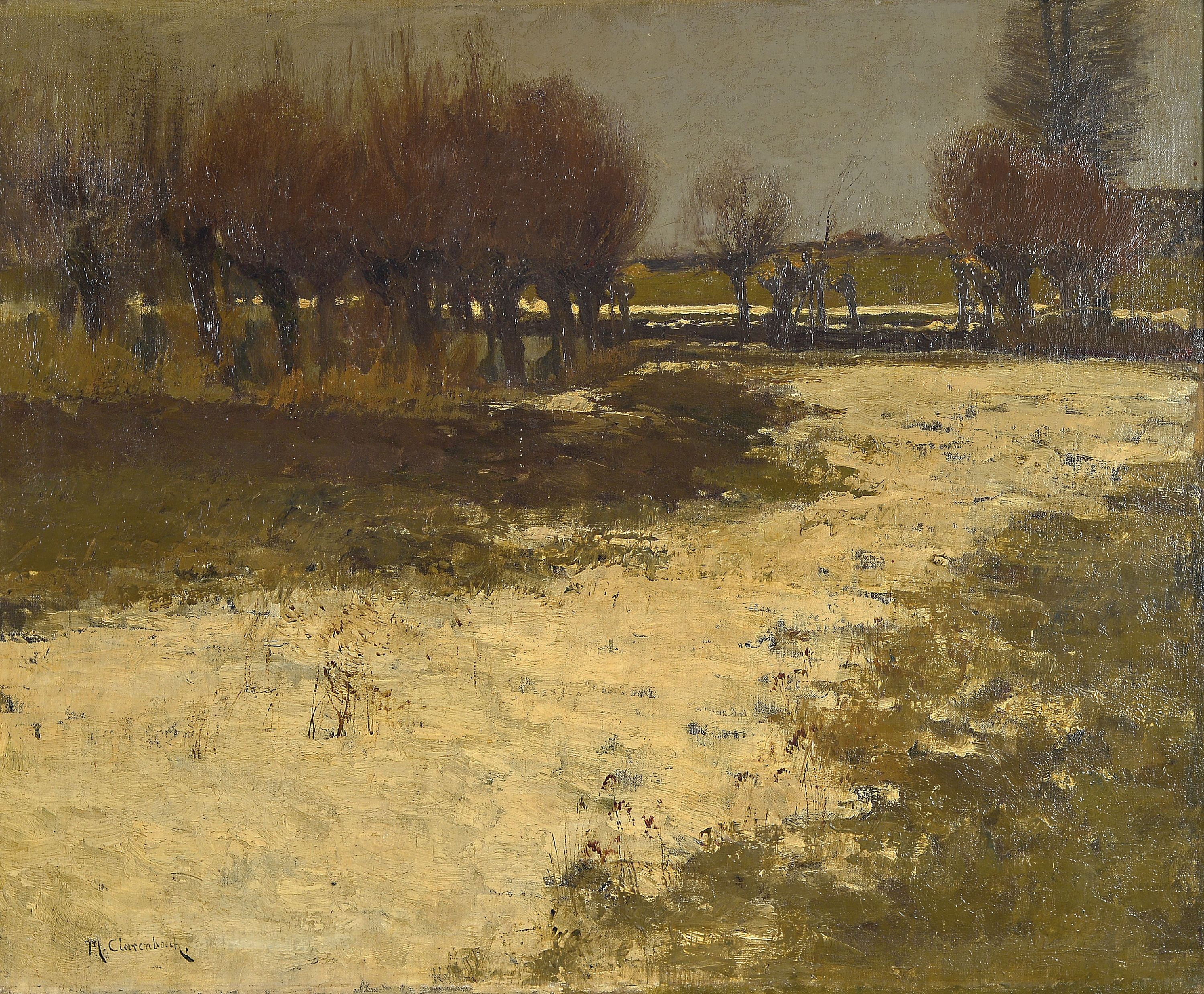 Max Clarenbach, 1850 Neuss-1952 Wittlaer, verschneite Winterlandschaft mit Kopfweiden, Öl/Lwd, links unten signiert, ca. 50x60cm, Rahmen mit ...