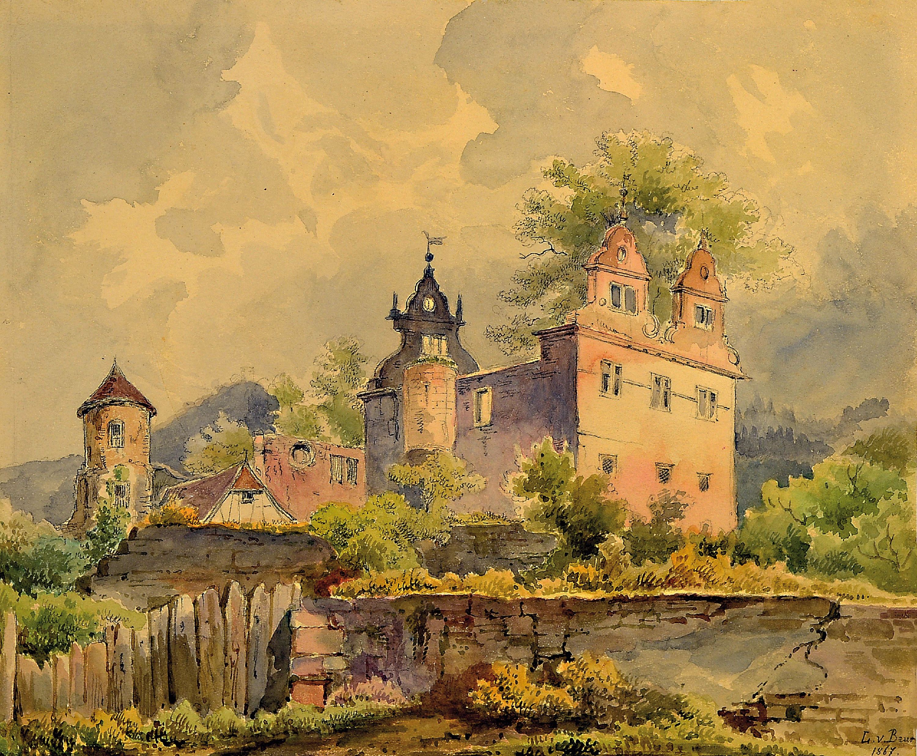 Lina von Baur, Malerin der 2. Hälfte des 19. Jh., 2 Aquarelle: Stadtansicht mit Kathedrale, links unten monogr. und dat. 64, ca. 18x15.5cm, u.Gl., ...