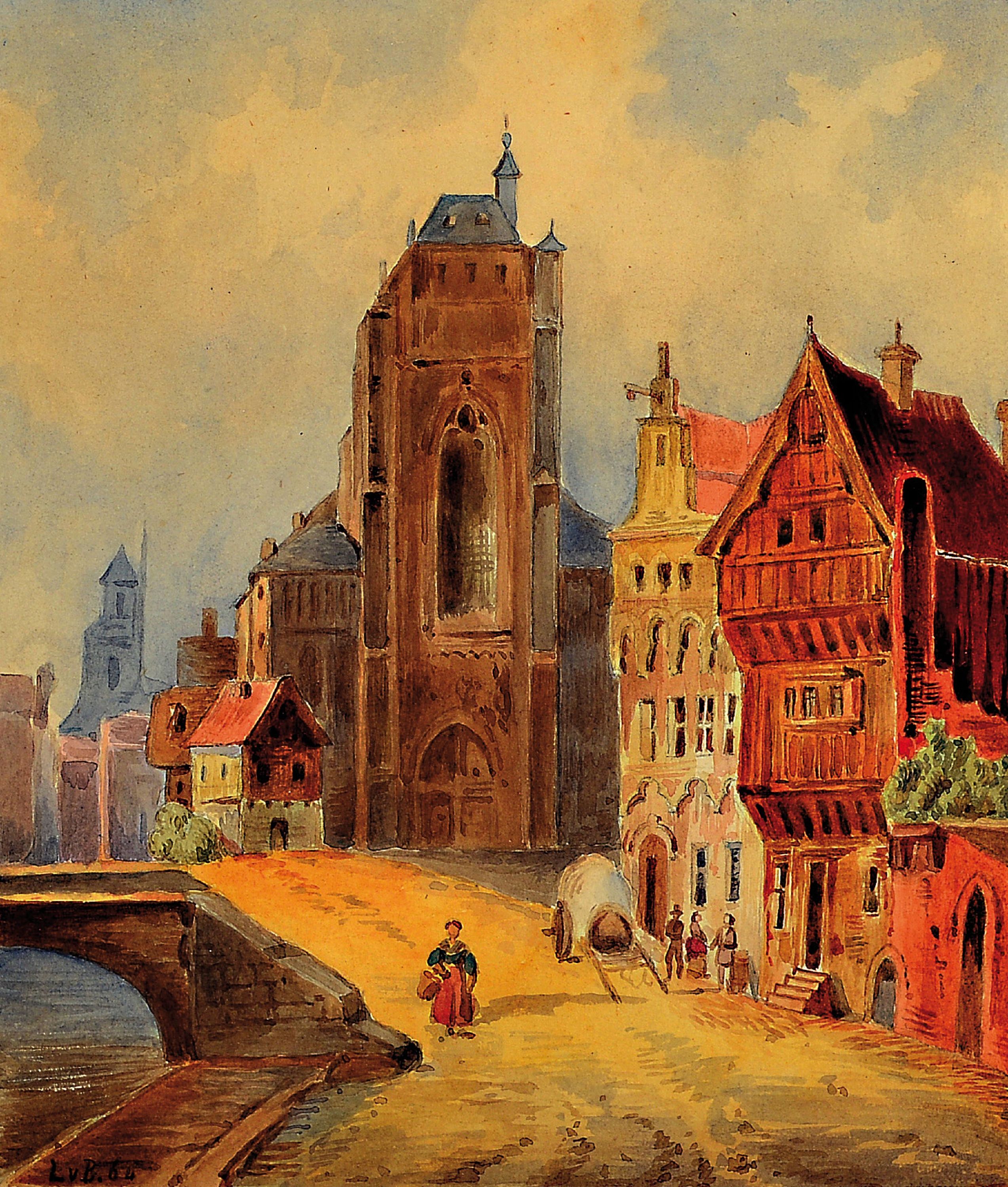 Detail a: Lina von Baur, Malerin der 2. Hälfte des 19. Jh., 2 Aquarelle: Stadtansicht mit Kathedrale, links unten monogr. und dat. 64, ca. 18x15.5cm, u.Gl., ...