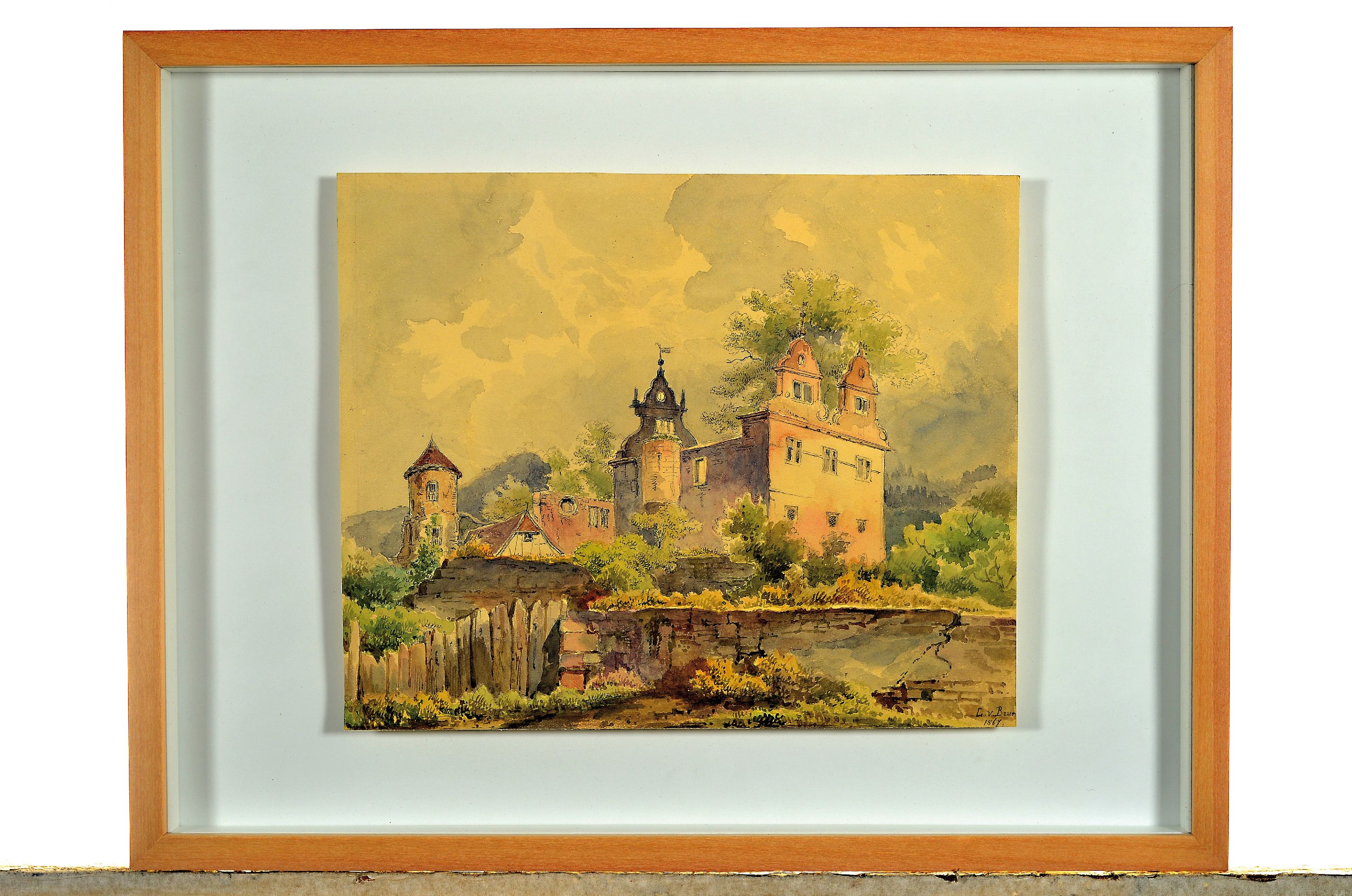 Detail k: Lina von Baur, Malerin der 2. Hälfte des 19. Jh., 2 Aquarelle: Stadtansicht mit Kathedrale, links unten monogr. und dat. 64, ca. 18x15.5cm, u.Gl., ...