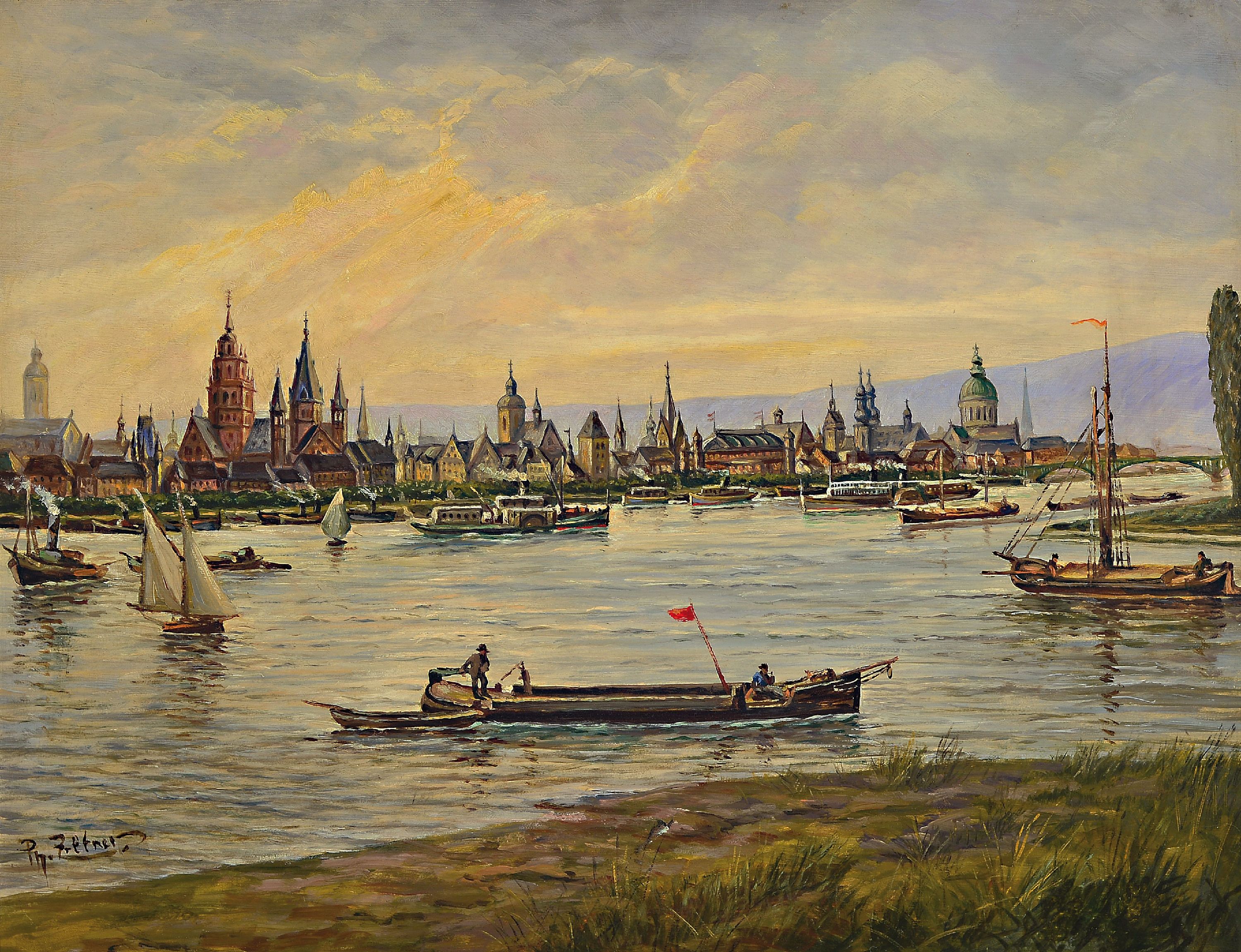 Philipp Zeltner, 1865-1946 Mainz, Blick über den Rhein auf das Panorama von Mainz, Öl/ Hartfaser, links unten signiert, ca. 50x65cm, R. ca. ...