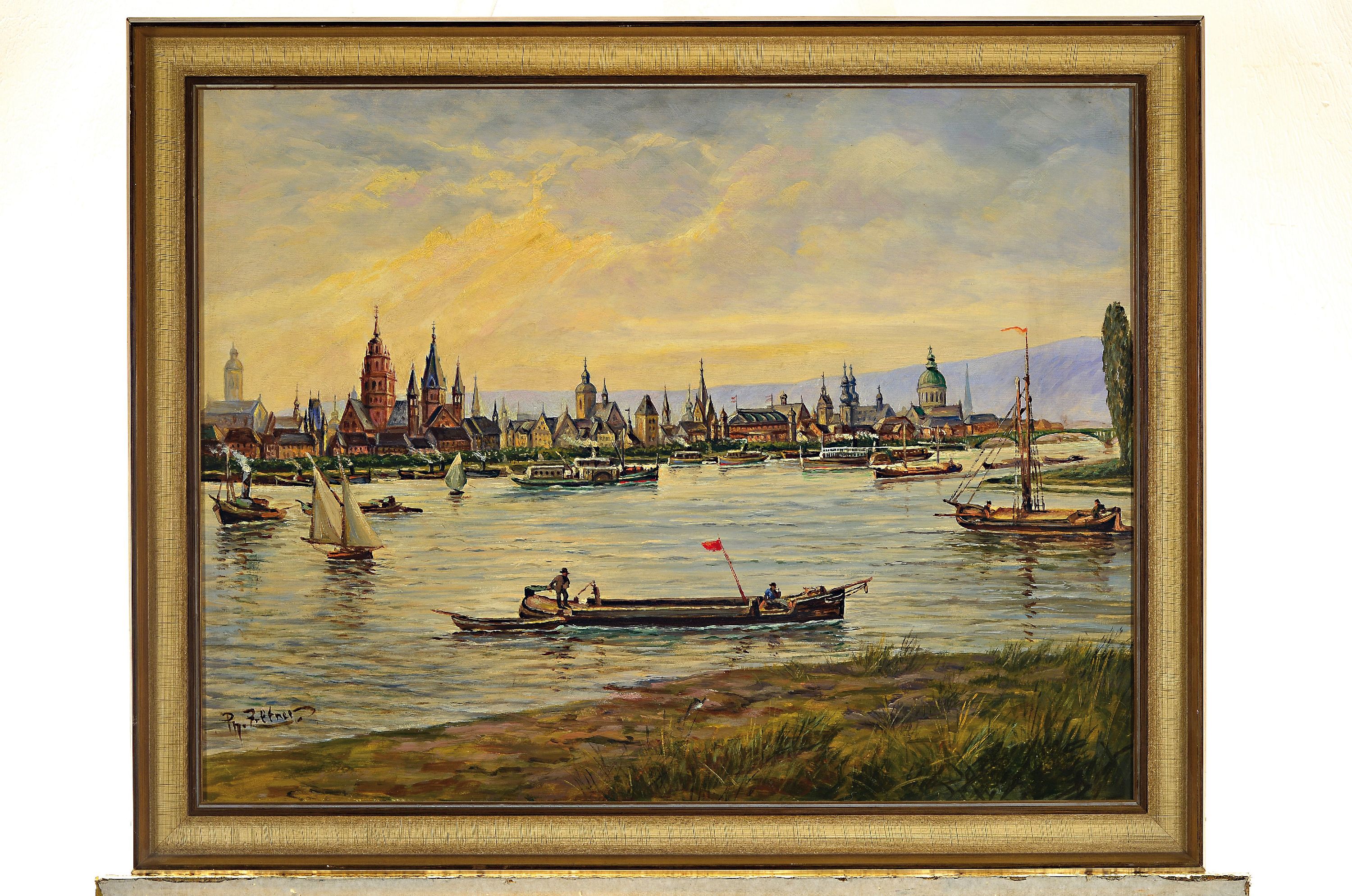 Detail k: Philipp Zeltner, 1865-1946 Mainz, Blick über den Rhein auf das Panorama von Mainz, Öl/ Hartfaser, links unten signiert, ca. 50x65cm, R. ca. ...