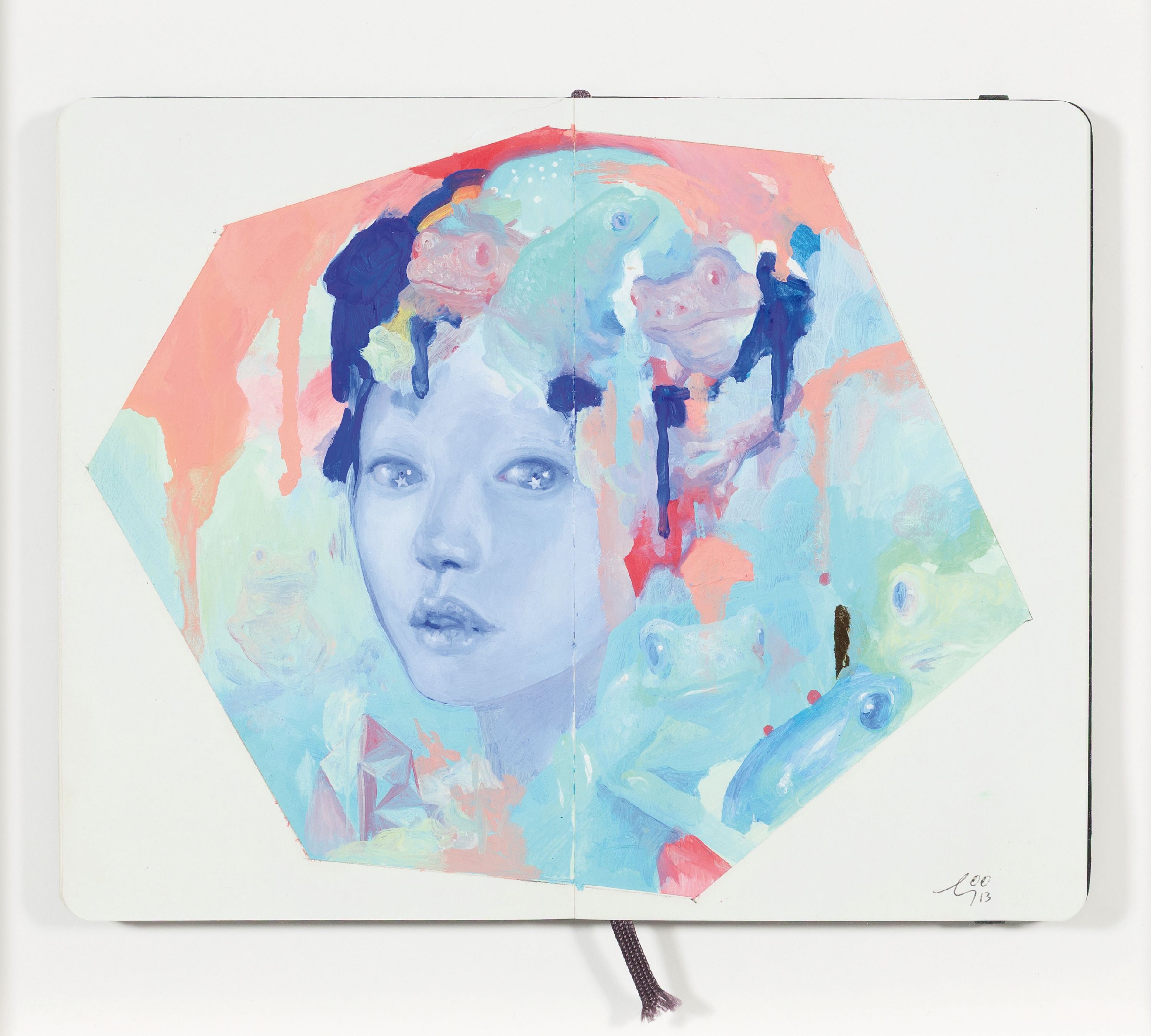 So Youn Lee, Stars Aquarelle, bemaltes Doppelblatt im Skizzenbuch, Gouache/Papier, sign., dat. 13, 21 x 26 cm, Galerierahmung unter Glas, ca. 40 x 50 ...