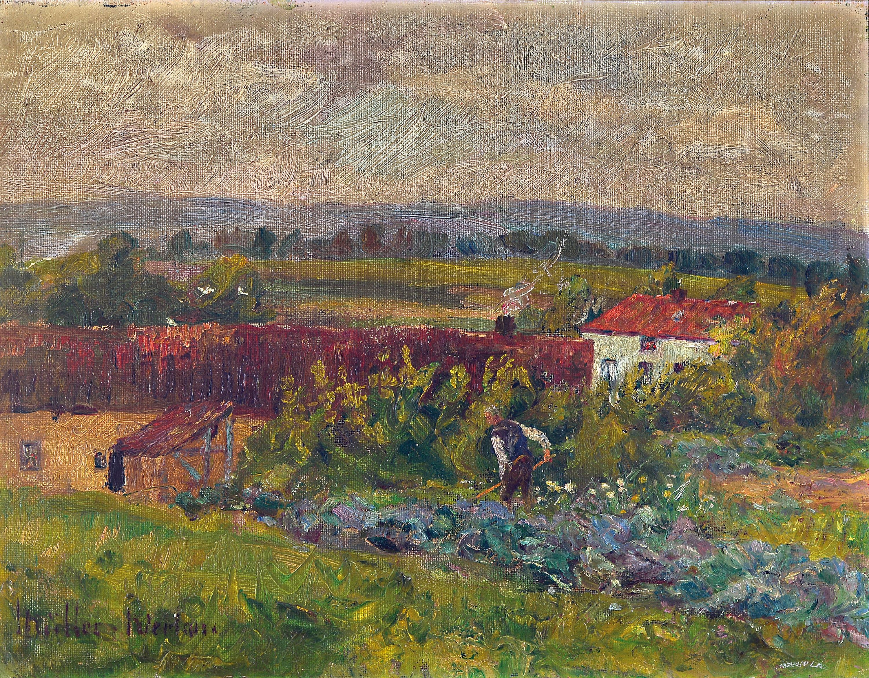 Peter Paul Müller-Werlau, 1864 Werlau/St.Goar -1945, Landschaft, im Garten arbeitet ein Mann, Öl/Lwd/Malkarton, links unten sign., leicht blasig, ...