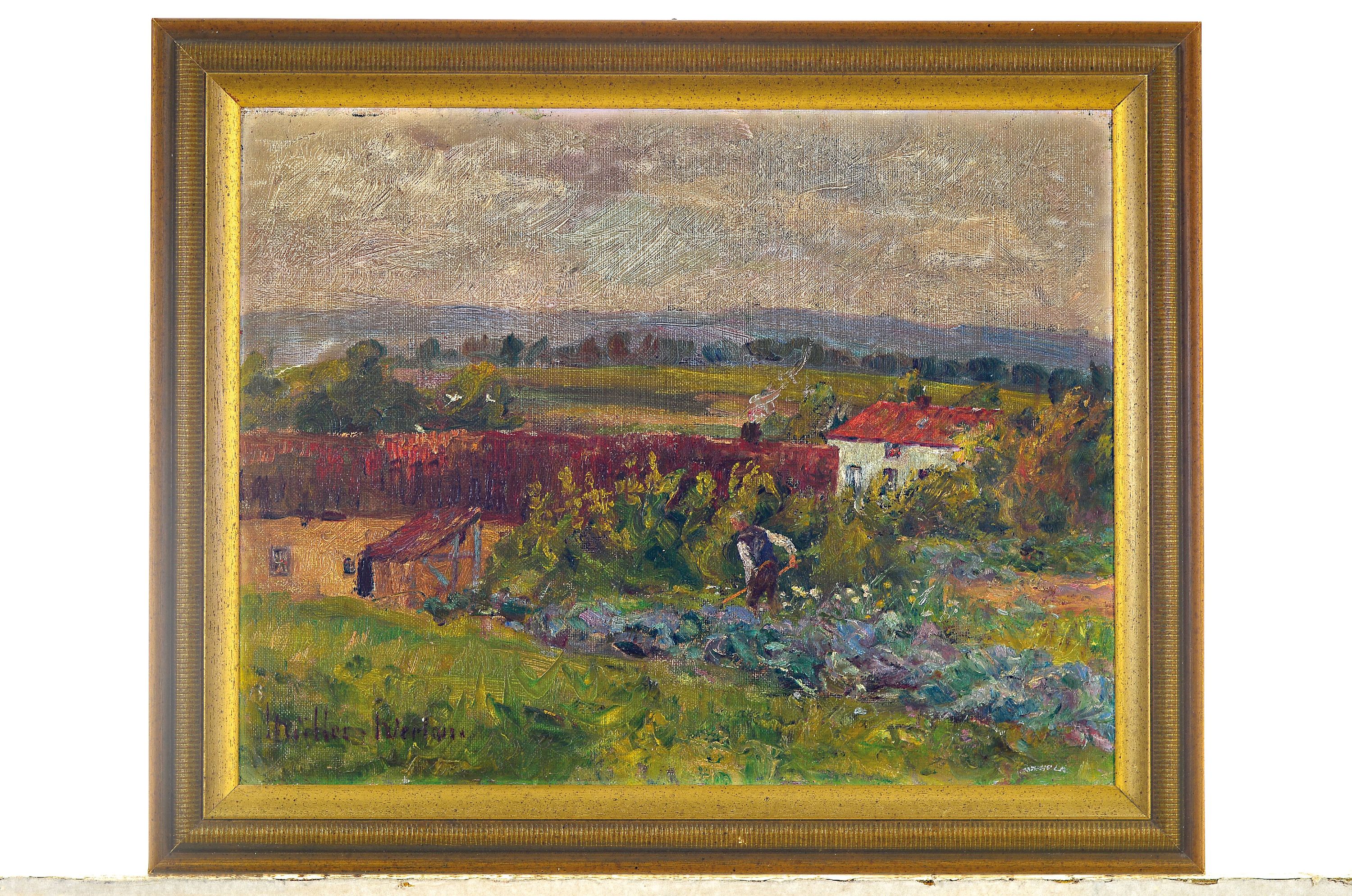 Detail k: Peter Paul Müller-Werlau, 1864 Werlau/St.Goar -1945, Landschaft, im Garten arbeitet ein Mann, Öl/Lwd/Malkarton, links unten sign., leicht blasig, ...