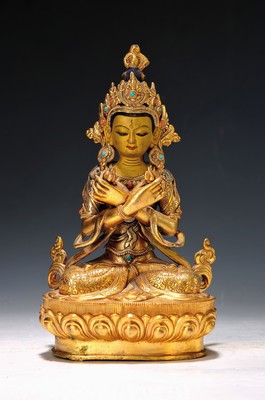 Image Adibuddha Vajradhara, Nepal, um 1980, Bronze, feuervergoldet, Glocke und Vajra ...